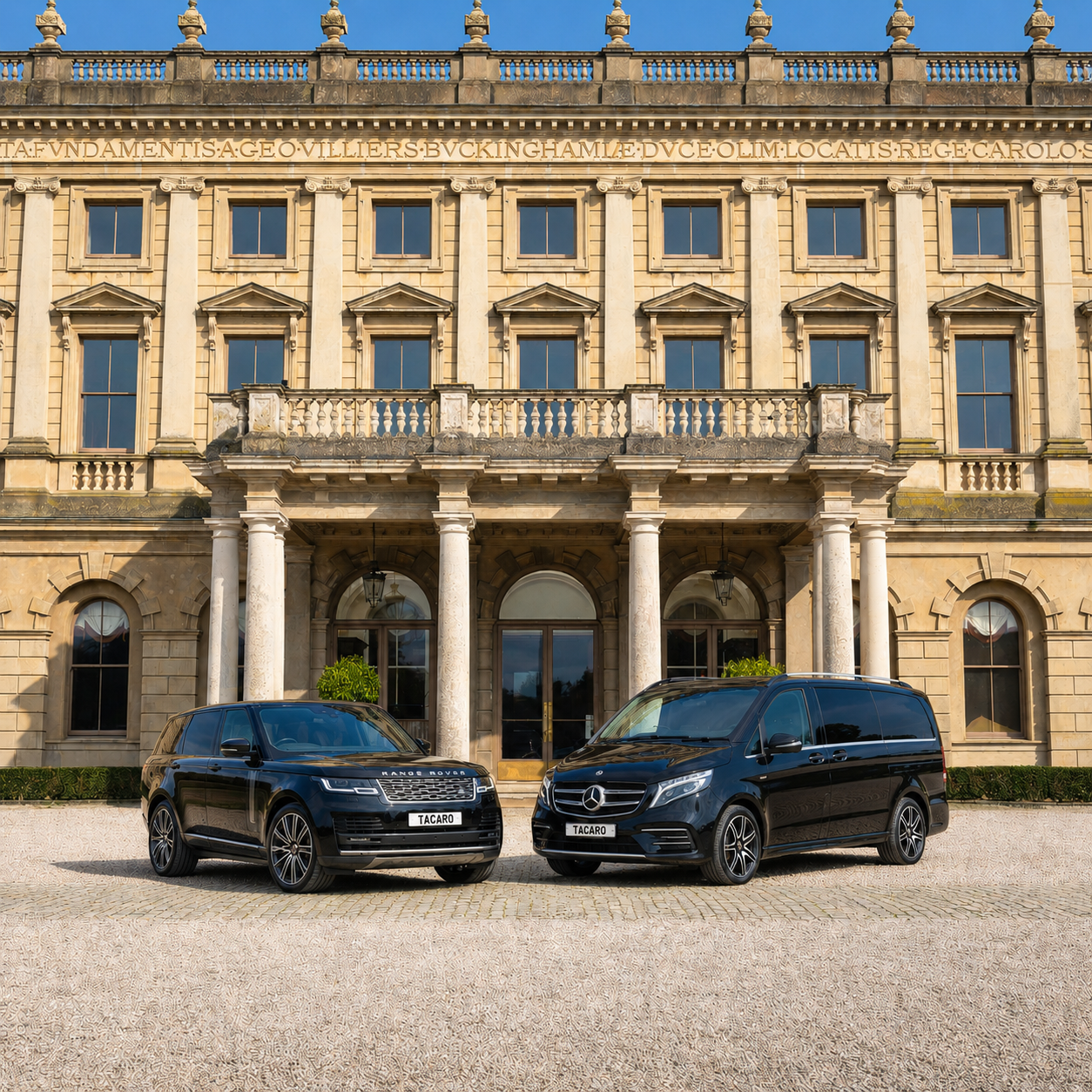 A grand, historic building with classical architecture, columns, and balustrades. Two black luxury vehicles, a Range Rover and a Mercedes-Benz van, are parked in front of the entrance.