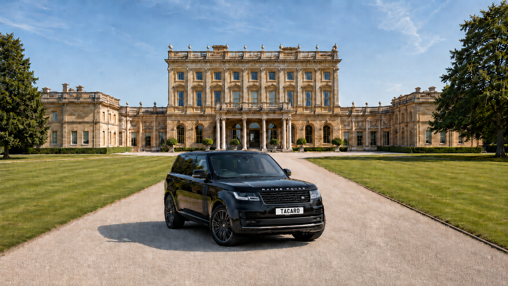 A black Range Rover SUV with a custom license plate 'TACARO' parked on a gravel driveway in front of a large, elegant mansion with a well-manicured lawn and trees, under a blue sky.