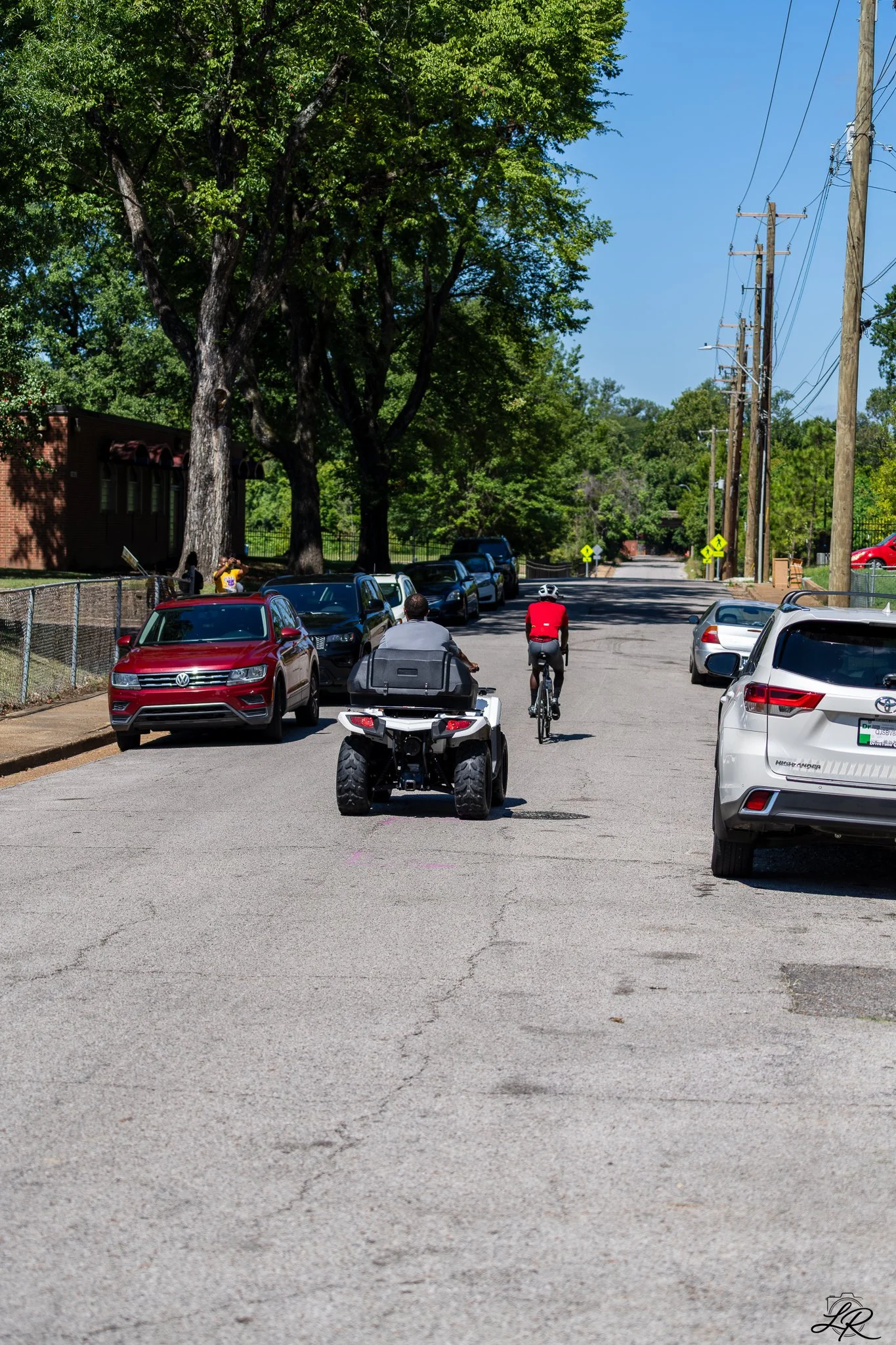 A street scene with parked cars on both sides, a person riding a bicycle, and another person walking alongside. Tall trees with green leaves line the street, and utility poles with power lines run along the right side. The weather appears sunny and c
