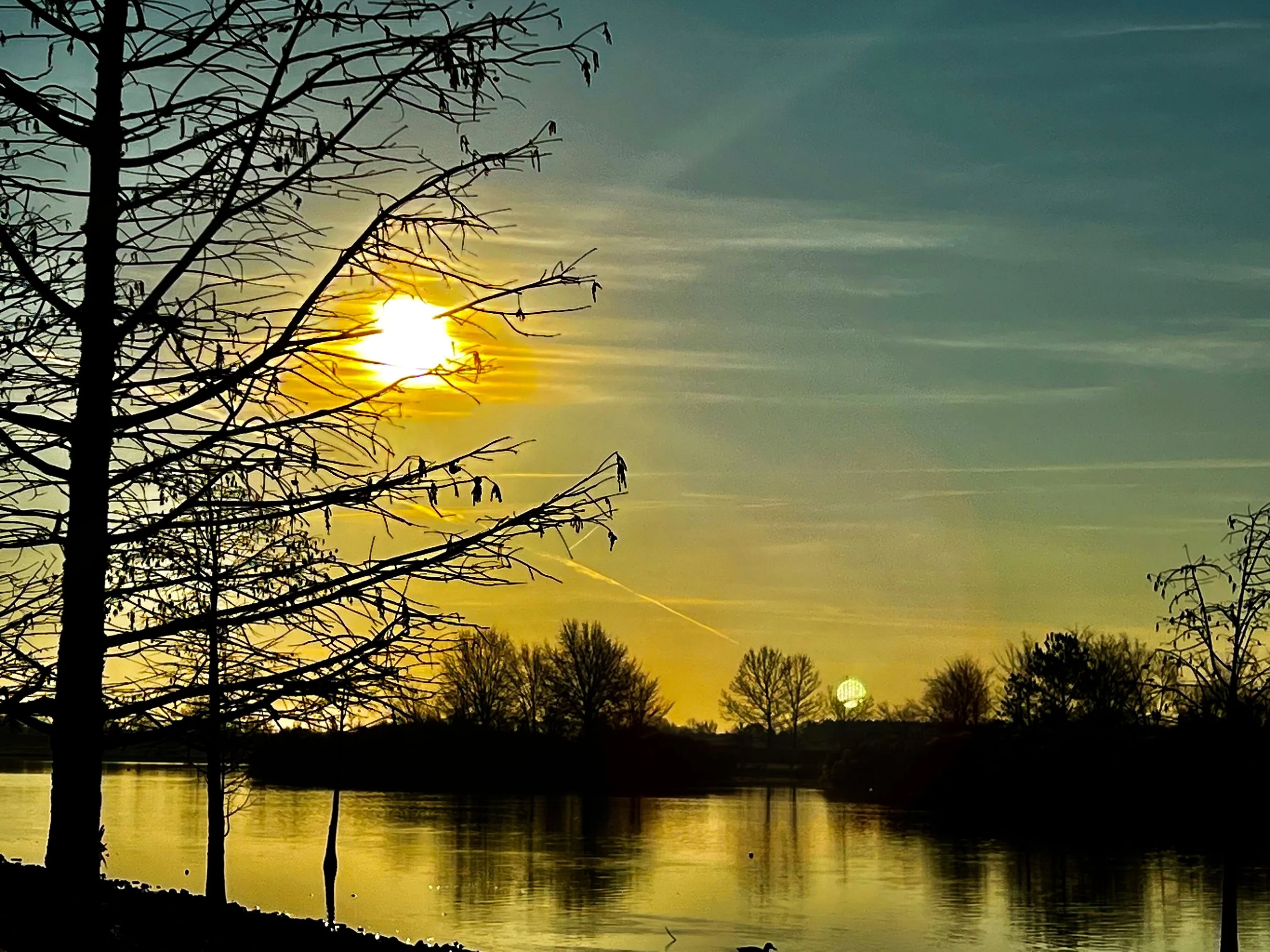 Sunset over a river with silhouettes of trees and a few flying birds in the sky.
