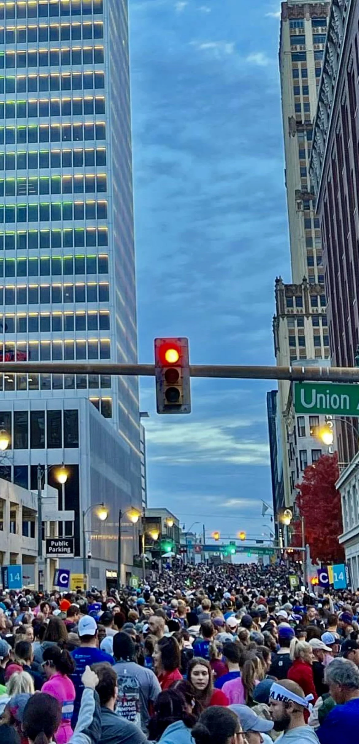 Crowd of people gathered outside in an urban city street, with tall buildings, traffic lights, and street signs visible.