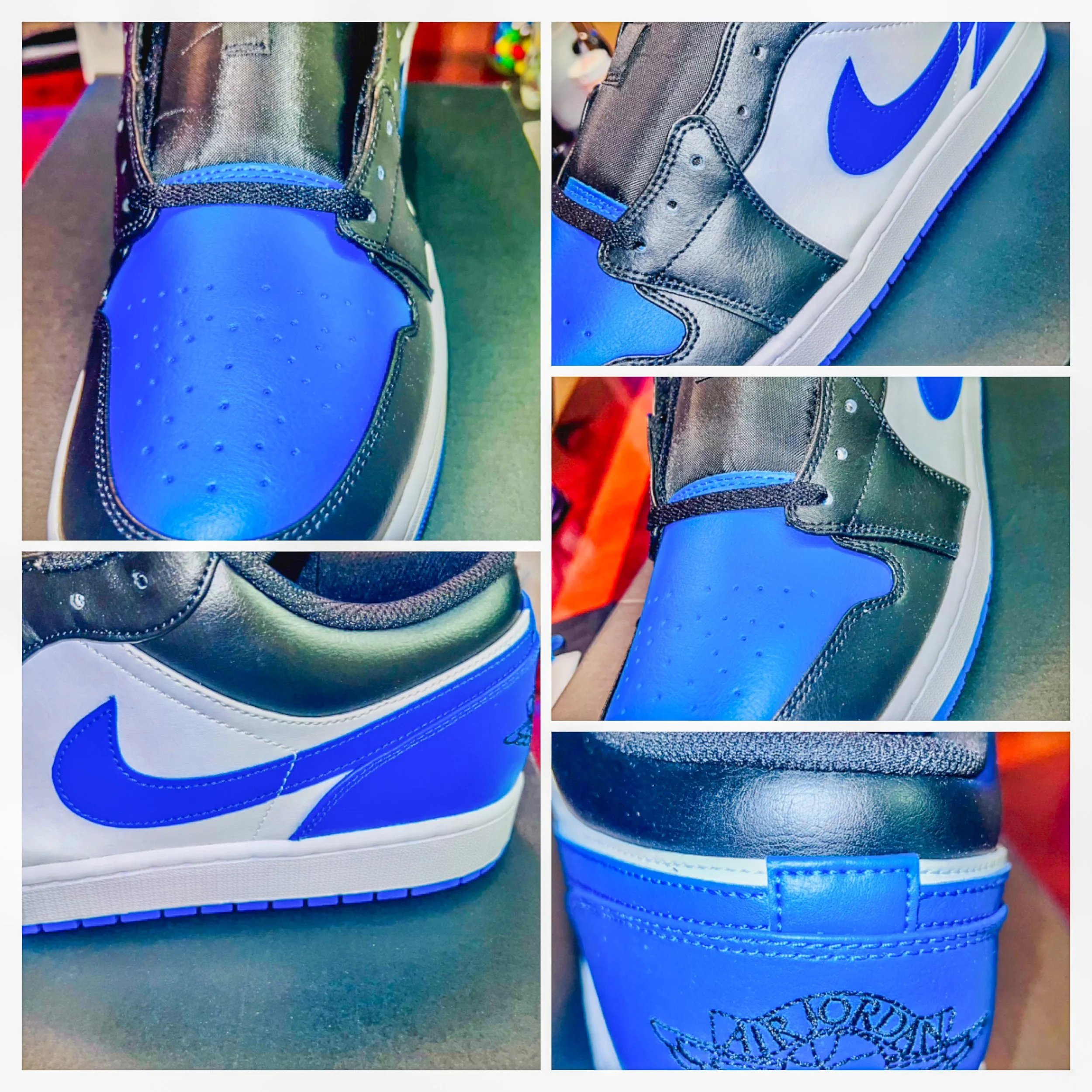 Close-up shots of a pair of Nike Air Jordan sneakers in black, white, and blue, showing the toe box, side, and heel details.