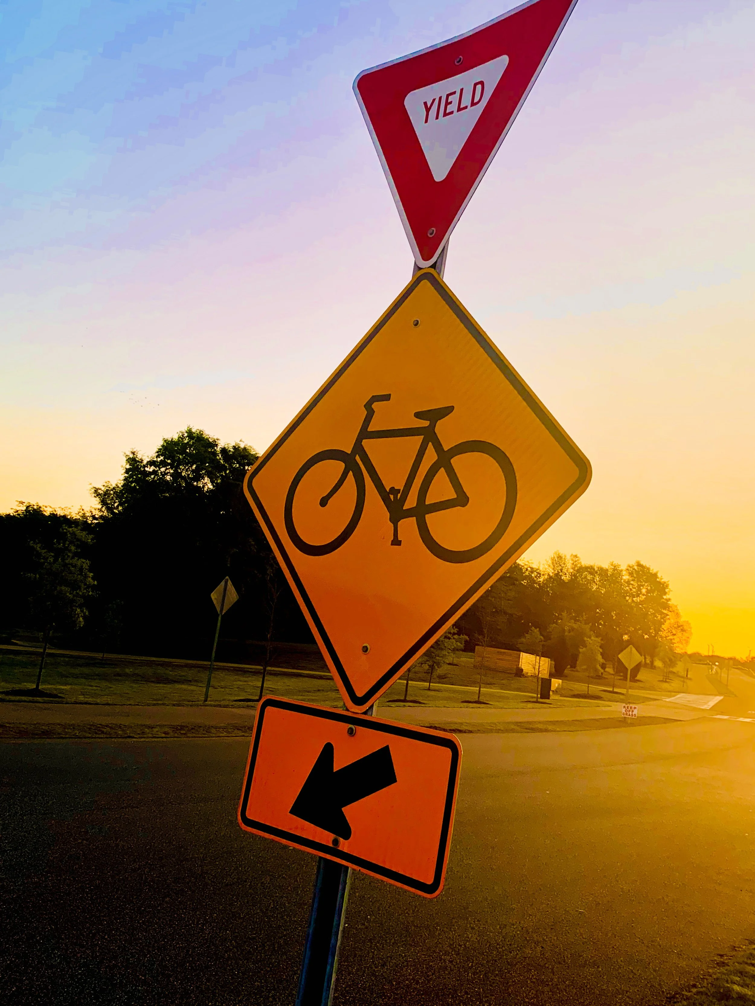 Street signs with a yield sign at the top, a bicycle crossing sign in the middle, and an arrow pointing left at the bottom, during sunset in a park-like area.