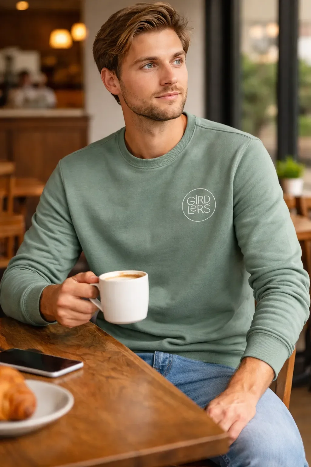A young man with light brown hair and blue eyes sitting in a cozy coffee shop, holding a cup of coffee. He's wearing a light green sweatshirt with a small logo on the left side that says 'GIRDER'S'. There are blurred background elements, warm lighting, a window, and some greenery outside.