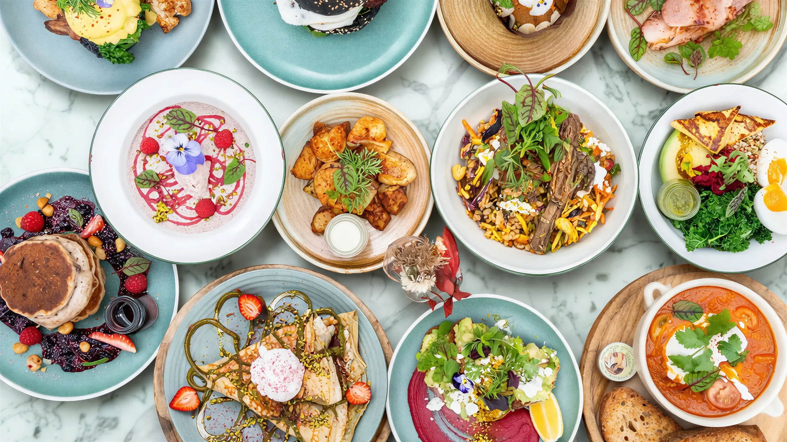 Array of colorful dishes including salads, desserts, and appetizers on blue, white, and wooden plates on a marble table.
