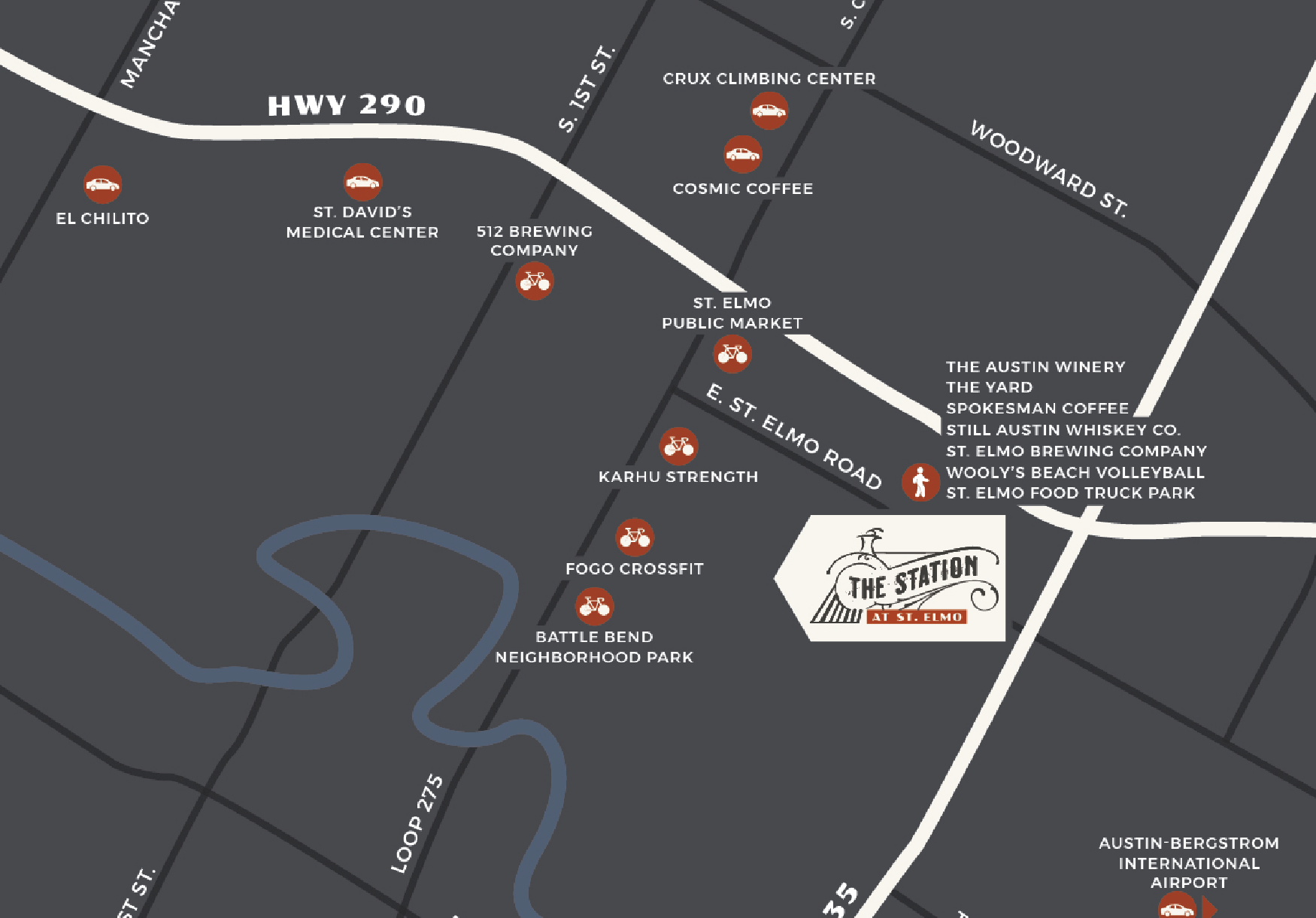 Map of the St. Elmo area in Austin, Texas, showing streets, parks, breweries, coffee shops, and other local businesses, with labels for Highway 290 and Austin-Bergstrom International Airport.