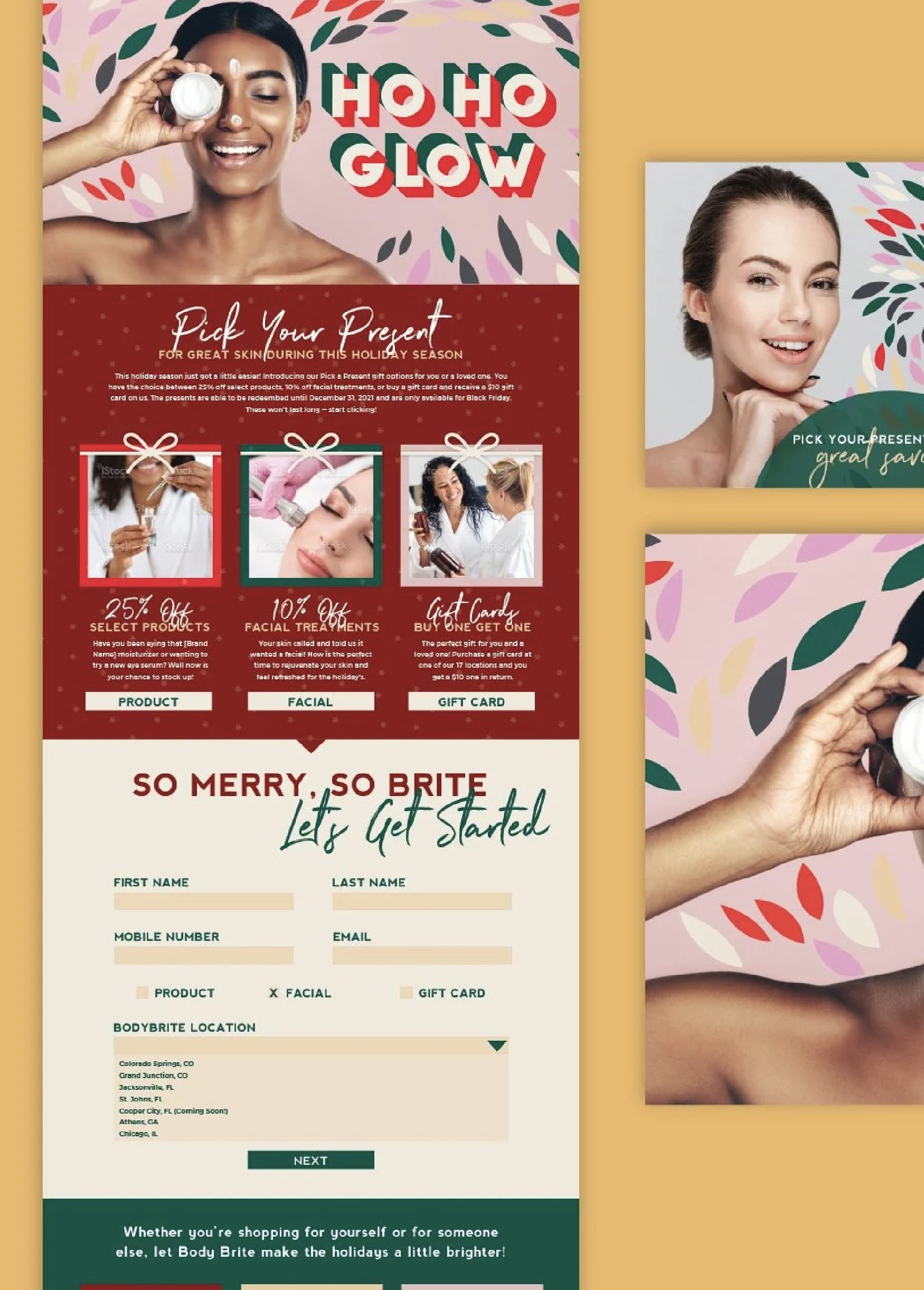 A holiday-themed skincare promotion flyer with festive red, green, and pink colors. It features a woman with a glowing complexion holding skincare product, and smaller images of women receiving skincare treatments. Text includes holiday sales offers 