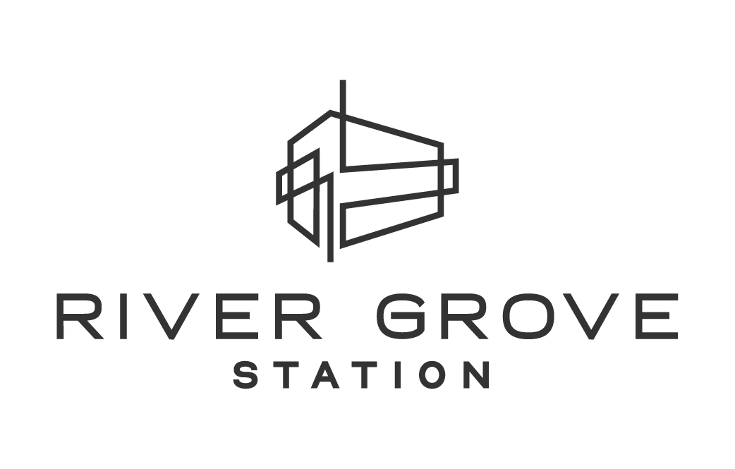 A logo for River Grove Station featuring a geometric cube design and the text 'RIVER GROVE STATION' beneath it.