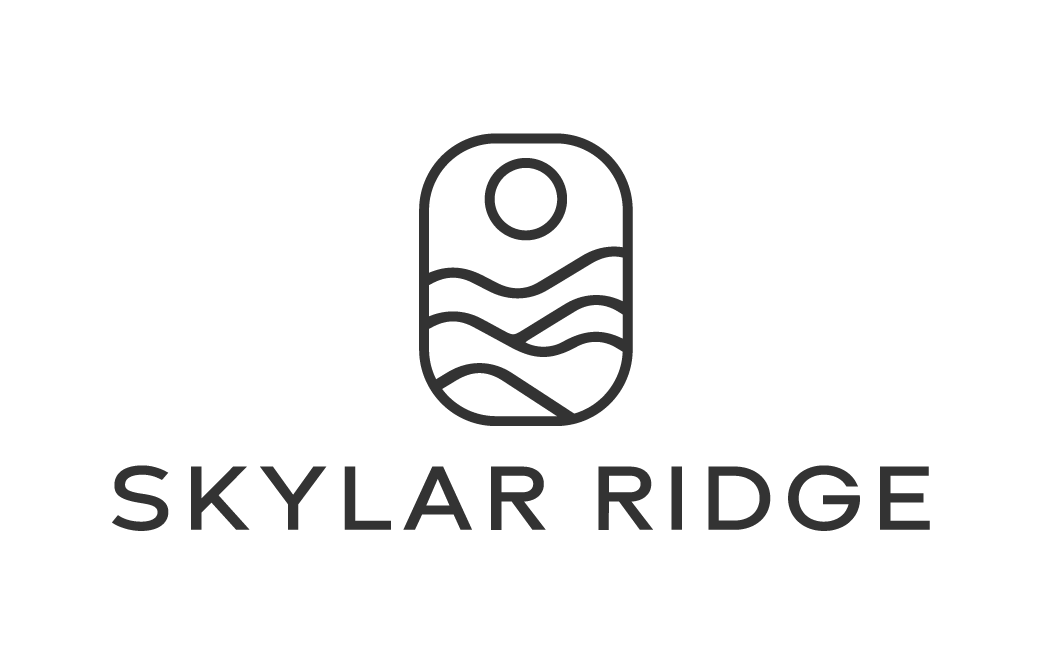 Logo for Skylar Ridge featuring a stylized sketch of a mountain or landscape with water waves and a sun, with the company name below.