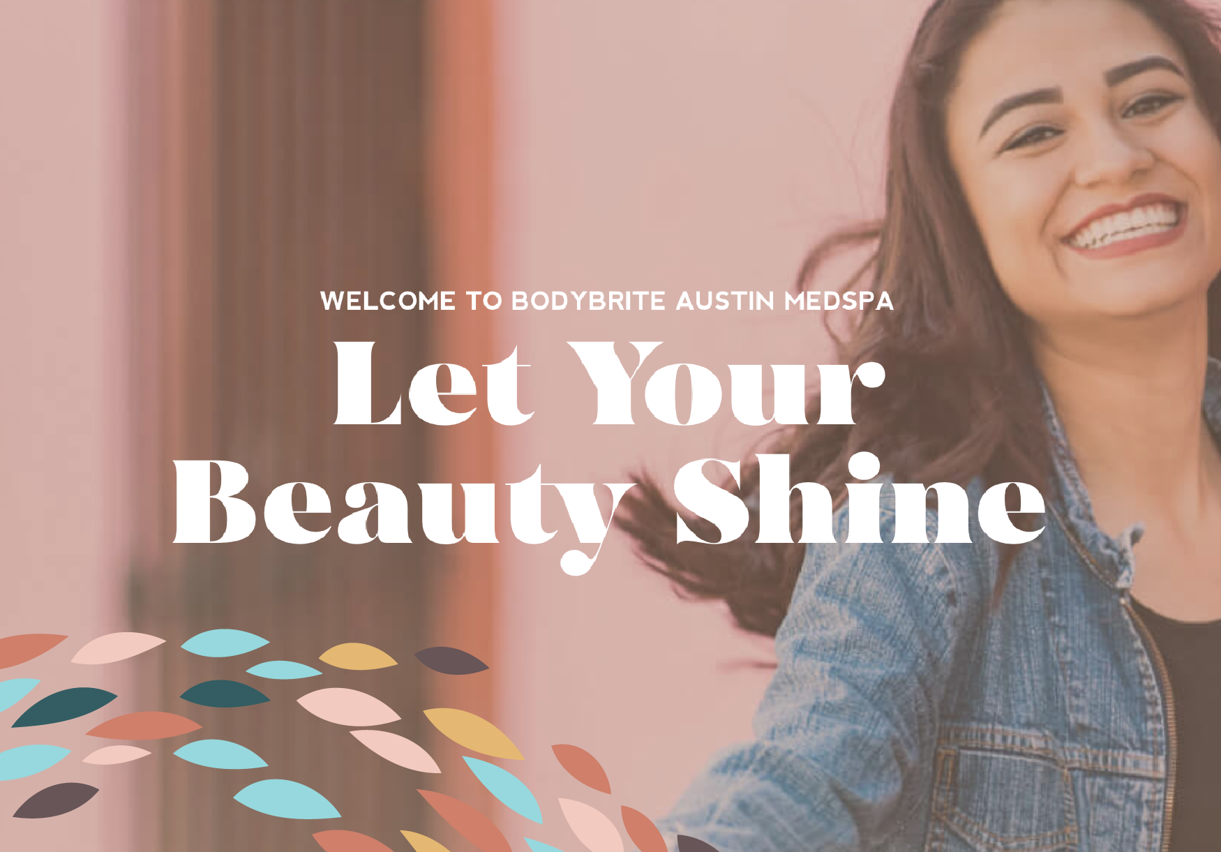 Smiling woman in denim jacket with text promoting a medspa. Background of pink wall with colorful leaf graphics at the bottom left.