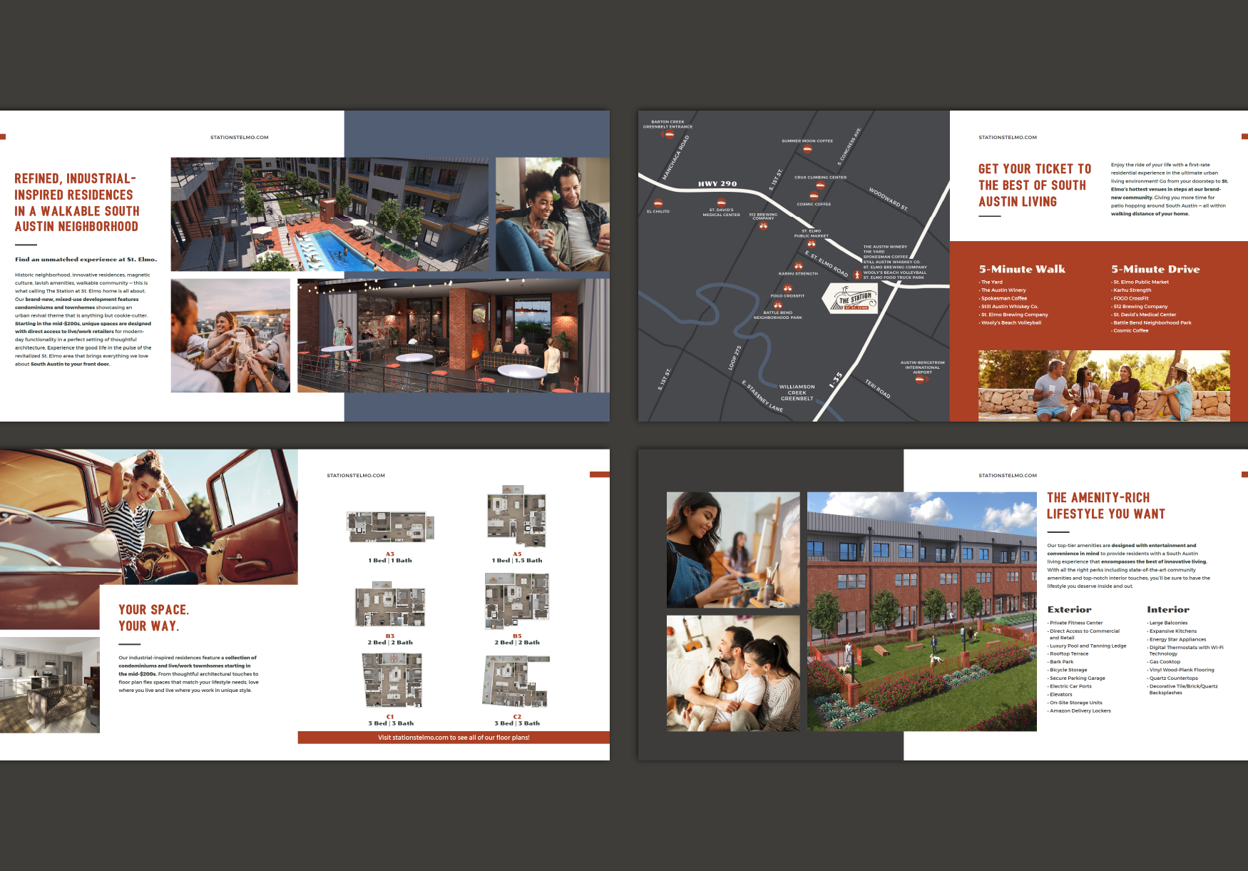 Brochure pages promoting South Austin residential community with images of amenities, floor plans, and neighborhood map.