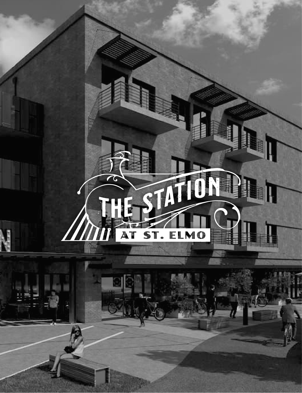 Black and white photo of a modern apartment building with balconies. In the foreground, a woman sits on a bench in a city park, with several bicycles and people walking around.