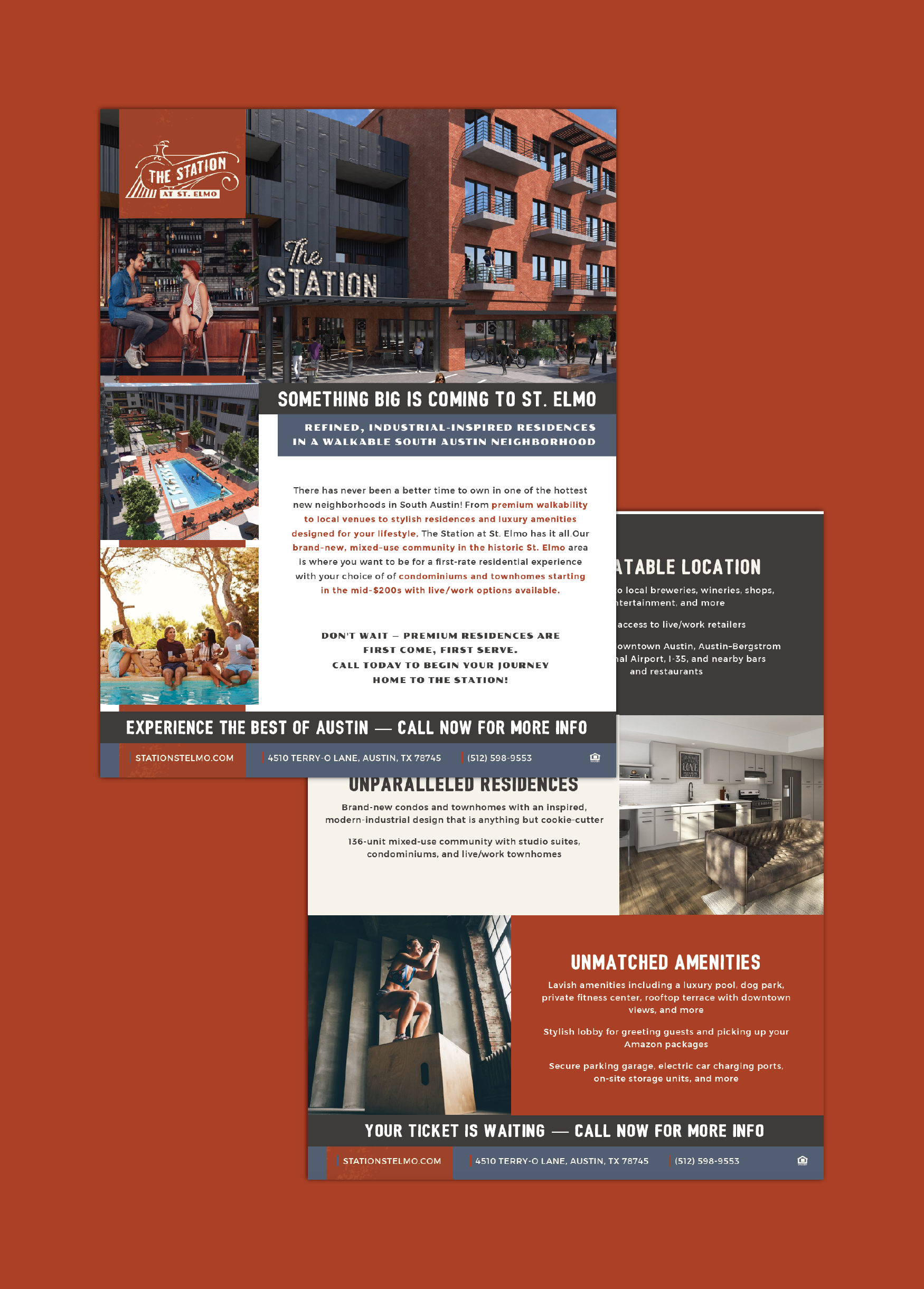 Flyer advertising The Station at St. Elmo, a mixed-use residential and commercial development in South Austin, featuring images of the building, pool, and interior kitchens, with text promoting luxury apartments and amenities.