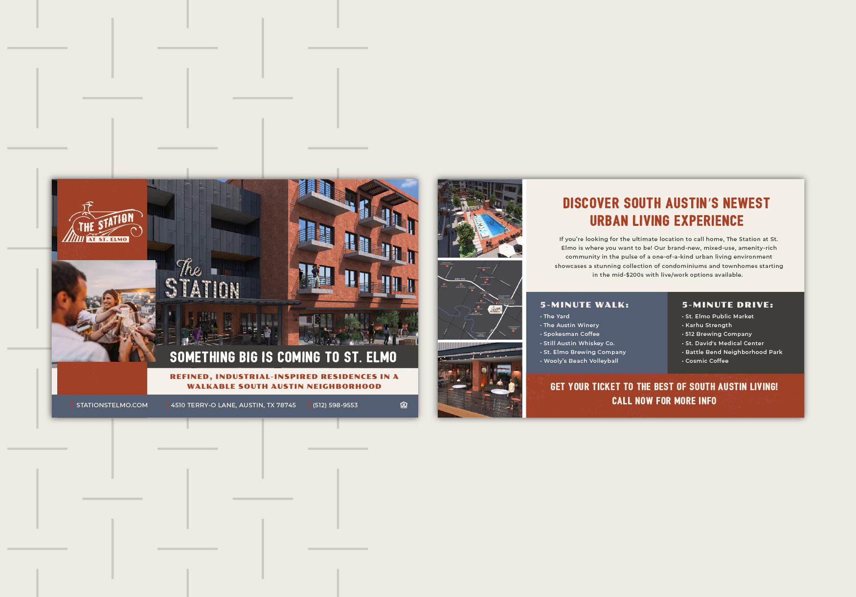 Flyer for The Station at St. Elmo real estate development featuring images of new urban residences, pool, and amenities. Text highlights convenient location, walk and drive times to local attractions, and contact information.