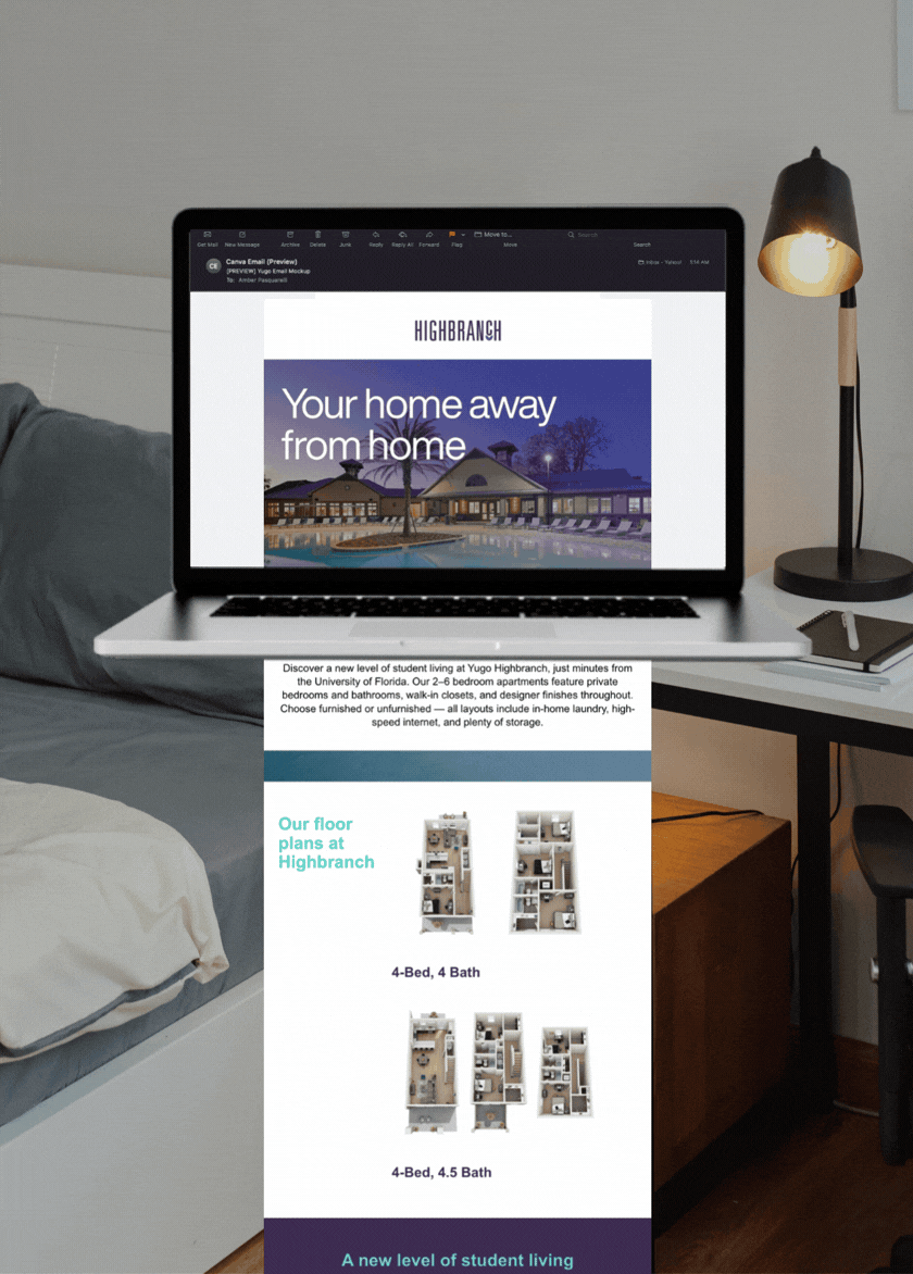 A laptop on a nightstand displaying a real estate advertisement for Yugo Highbranch apartments, with a bed and a desk lamp in the background.