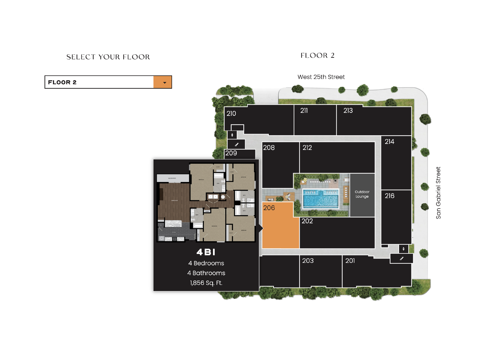 Floor plan of an apartment complex showing building layout, outdoor pool, lounge area, and labeled apartment units, with one unit highlighted in orange.