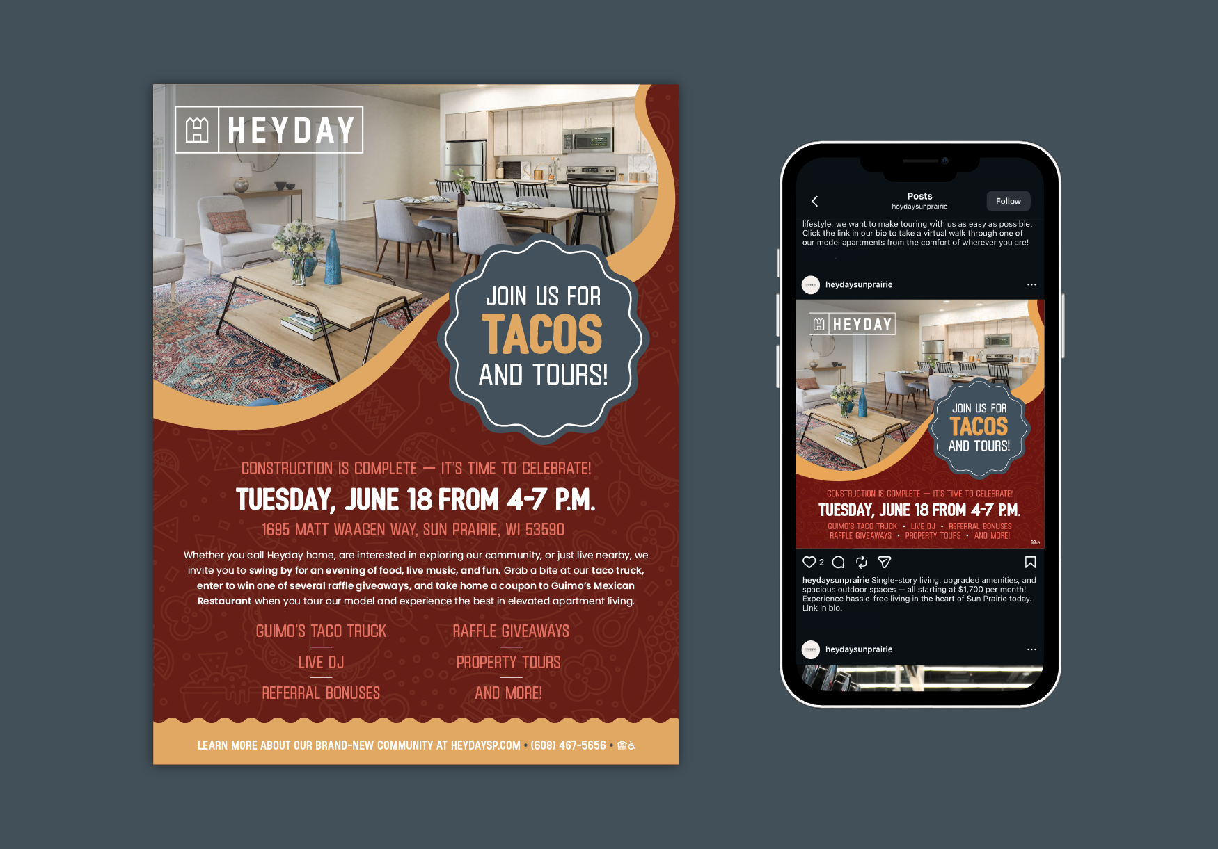 Flyer for a community event inviting people to join a taco and tour event at a model apartment. The flyer features a photo of a modern living room and kitchen, with details about the date, time, location, and activities such as live DJ, raffle giveaw