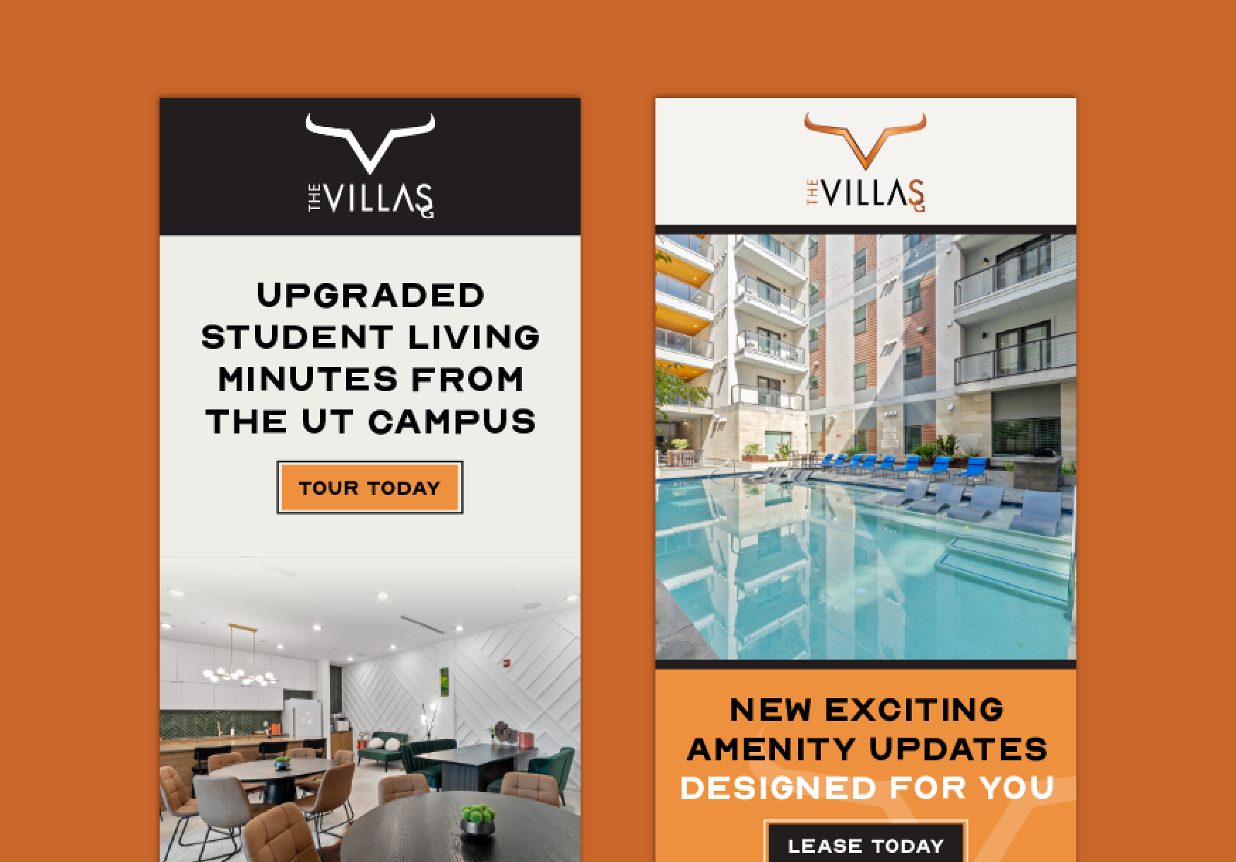 Promotional flyers for The Villas apartment complex featuring images of a pool and a social lounge, with text highlighting upgraded student living and new amenities.
