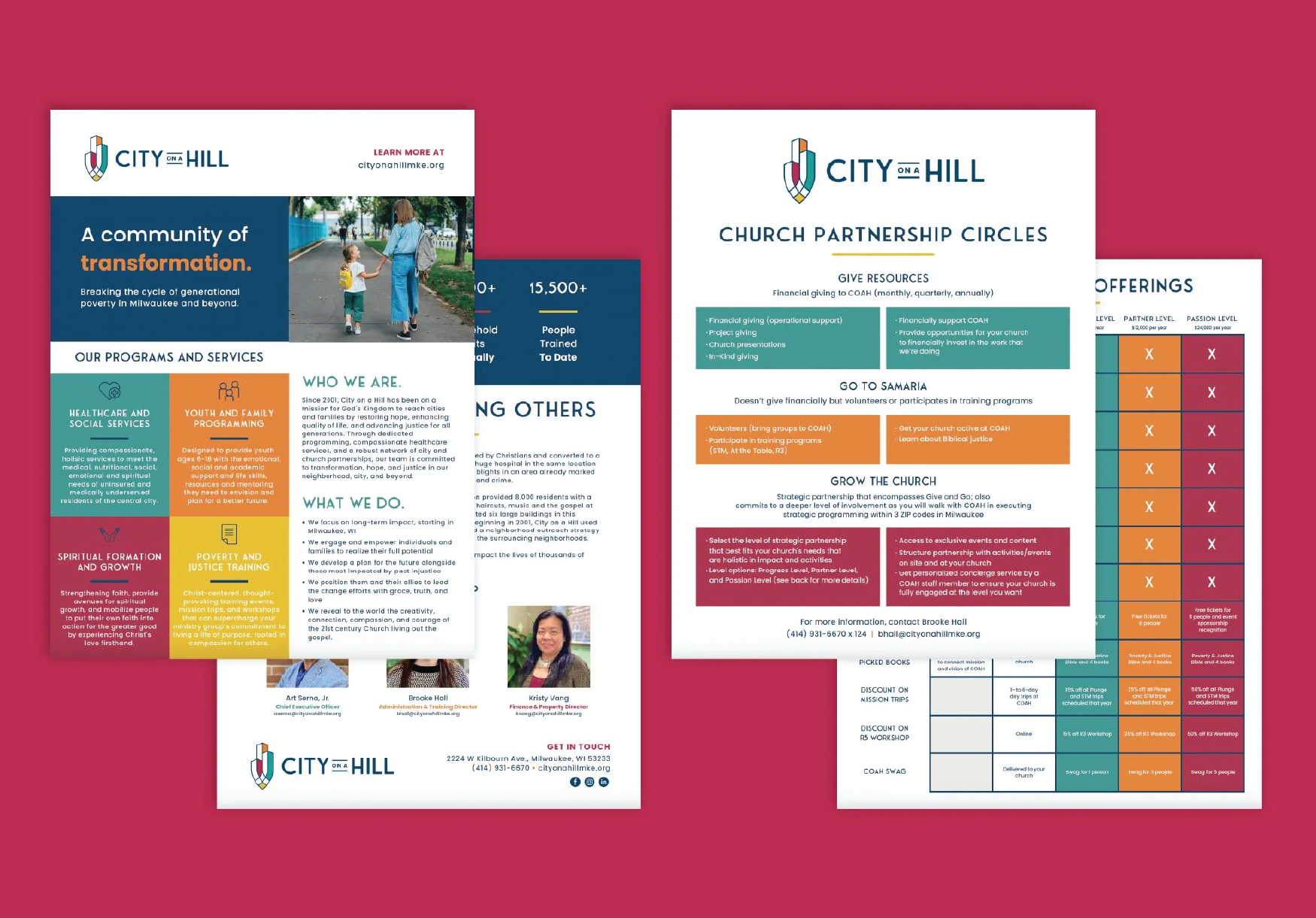 Three colorful program flyers for City on a Hill community organization, featuring information about services, partnerships, and donations against a pink background.