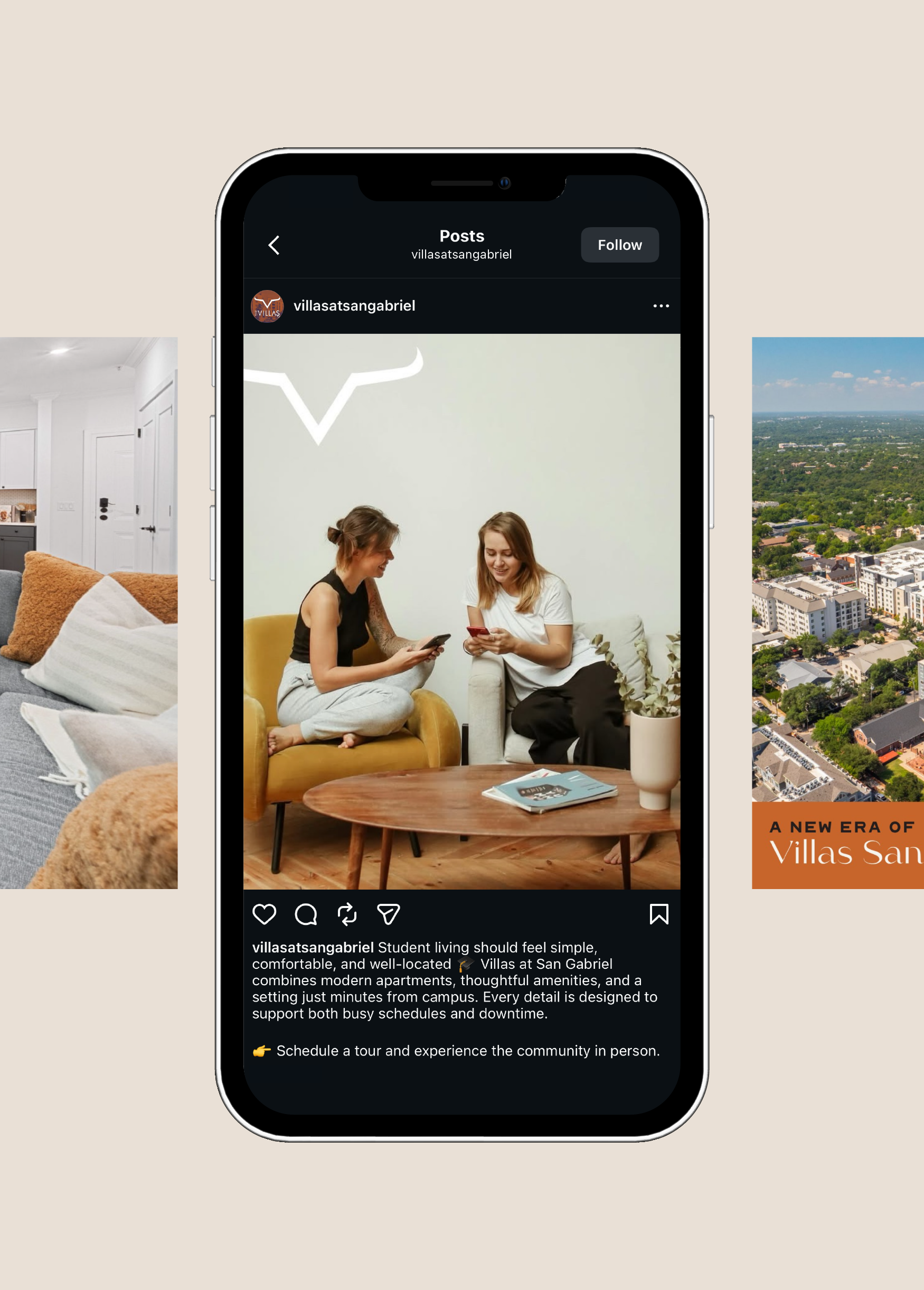 Instagram post showing two women sitting on a yellow and a white couch, smiling and looking at their phones in a modern, minimal living room with a wooden coffee table and a potted plant.