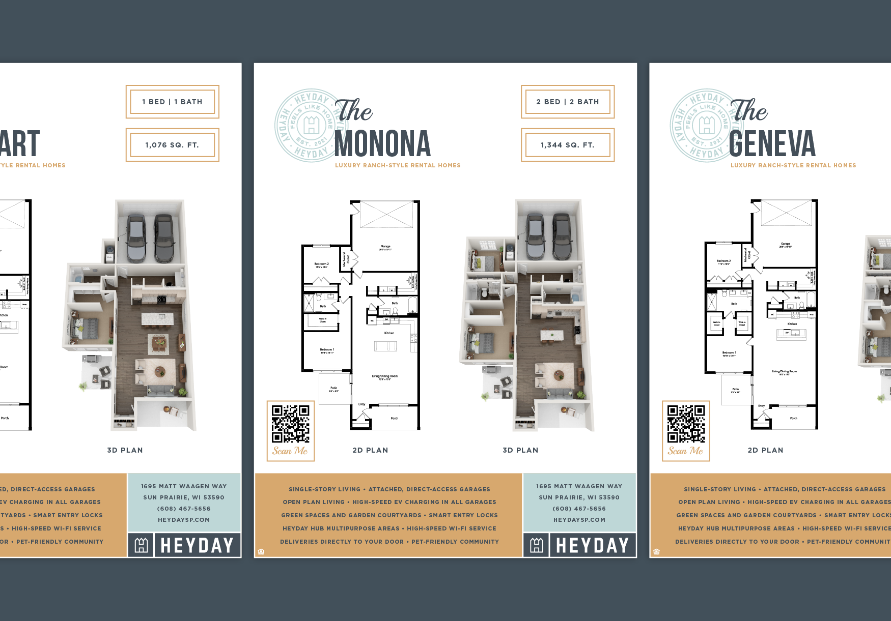 Advertisement for Heyday rental homes showcasing floor plans and features of three models: The Art, The Monona, and The Geneva, including their layouts with 2D and 3D plans, and contact information.