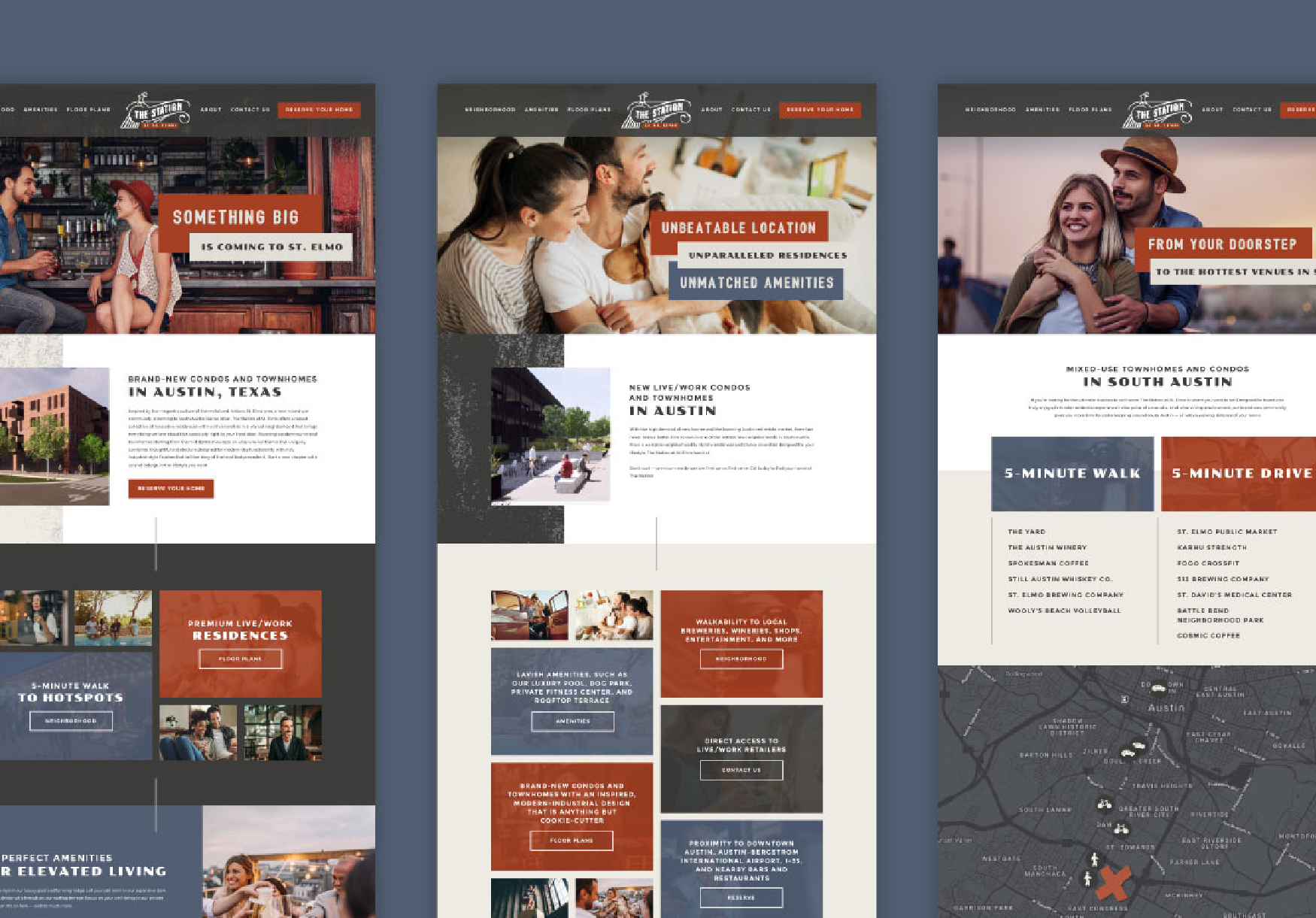 Three separate website homepage layouts promoting residential properties in Austin, Texas, with images of people socializing, family moments, and a map of the South Austin area.