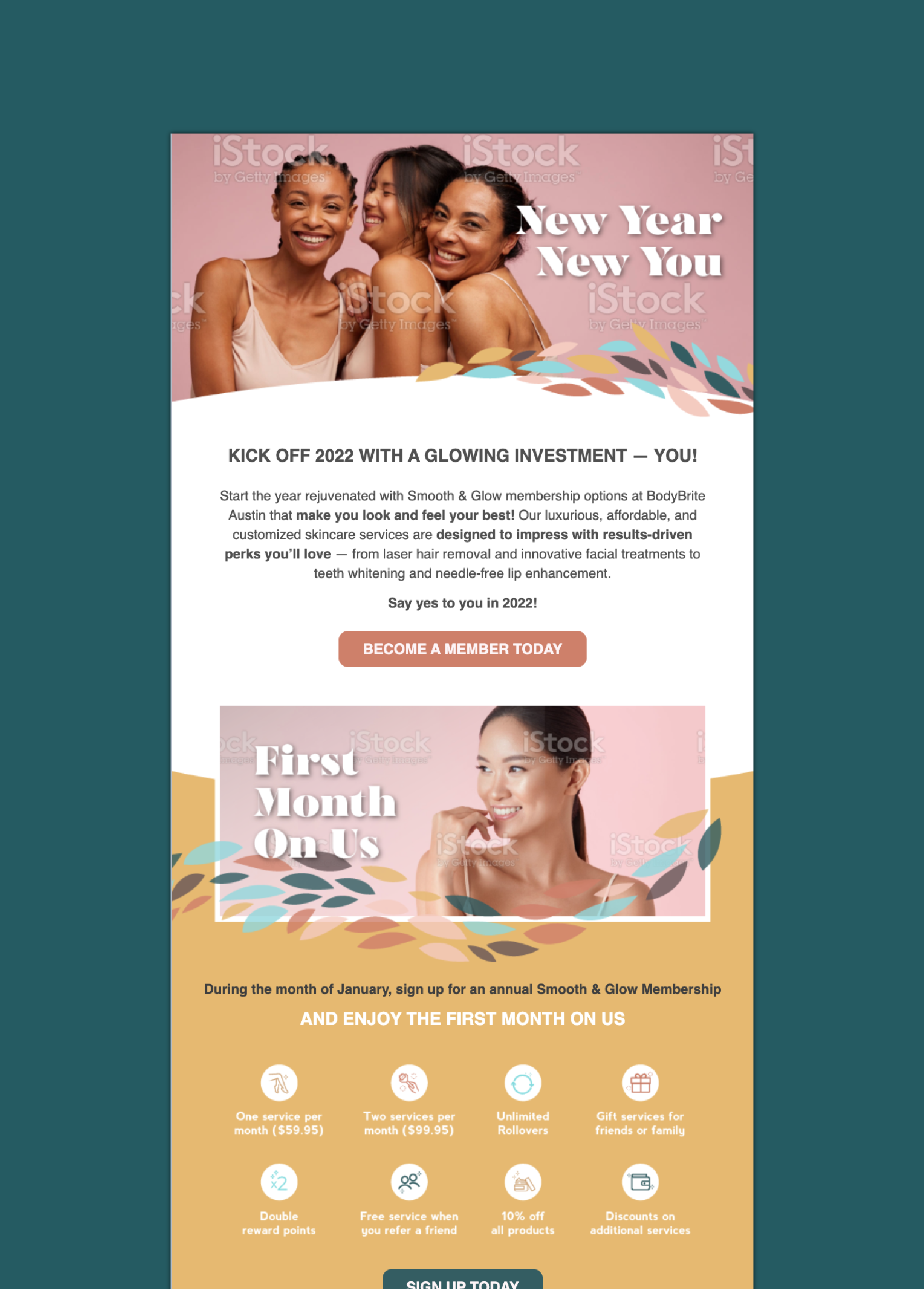 Promotional flyer for BodyBrite Austin featuring a happy group of women, with text promoting skincare membership options, first month offer, and membership benefits.