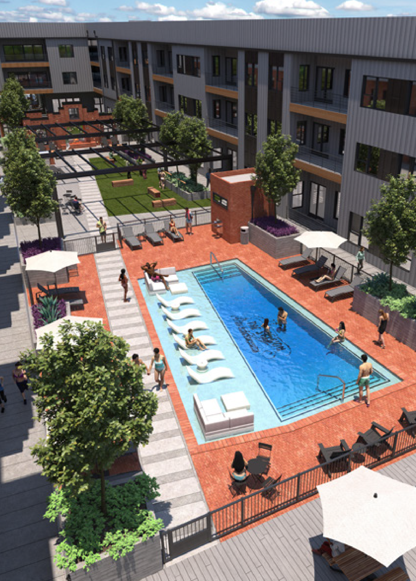 A modern apartment complex with outdoor pool area, lounge chairs, umbrellas, and residents swimming and relaxing.