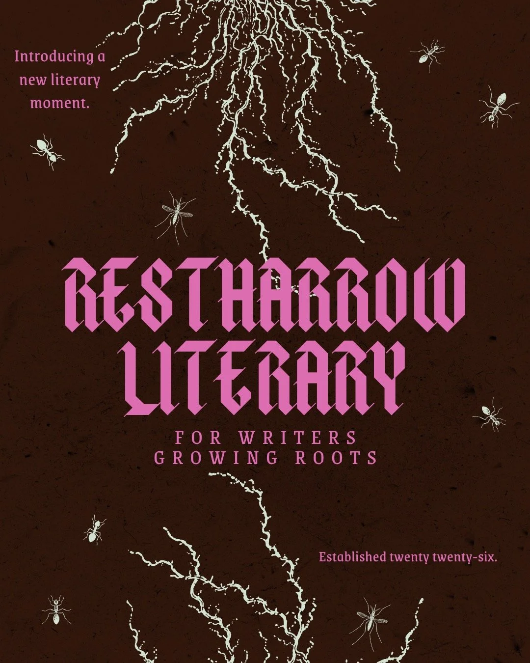 We are Restharrow Literary. We publish poetry, multimedia (art, photography, cross-genre work), prose (fiction and nonfiction), and essays. Our magazine publishes bi-yearly in April, when the world wakes up, and in October, when it goes back to sleep