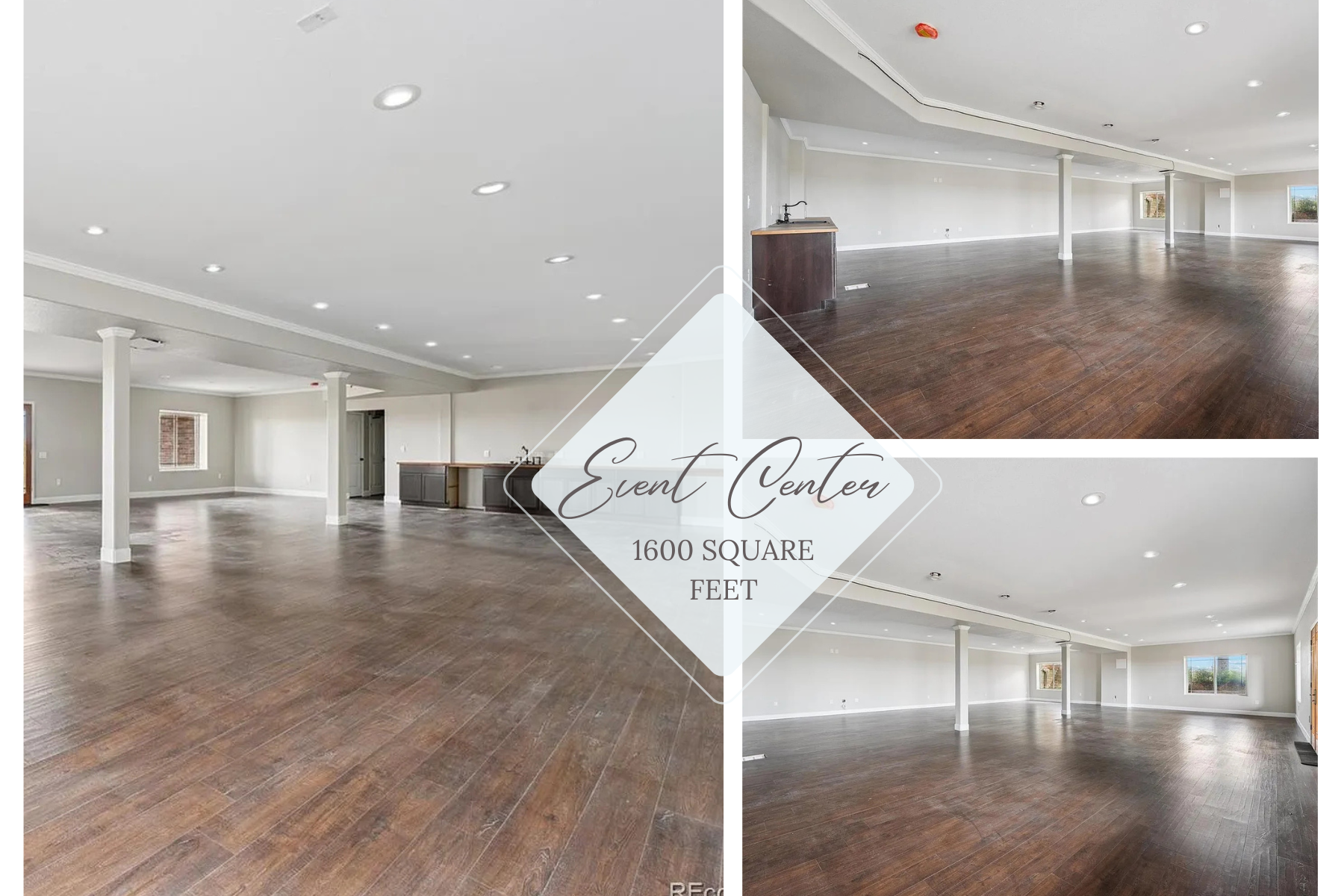 Interior shots of an event center, showing a spacious room with hardwood floors, white walls, and ceiling with recessed lighting. The room has large windows allowing natural light, and there is a small kitchenette area with a sink and cabinets.
