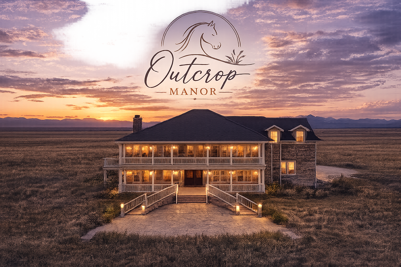 A large house with multiple stories and a wraparound porch is illuminated with warm lights, set in a wide, open field at sunset. The sky is filled with purple and orange clouds, and mountains are visible in the distance. The image features a logo at the top with a drawing of a horse's head and the text 'Outcrop Manor'.