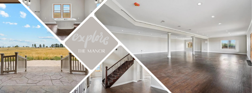 A collage of interior and exterior views of a home, including a spacious living room, staircase, bathroom with a bathtub, and a porch overlooking a field, with the text 'Explore The Manor.'