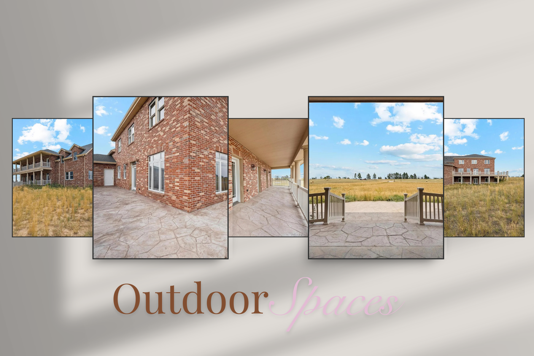 Multiple images of a brick house with a large porch, outdoor patio, and open field in the background, showcasing outdoor living spaces.