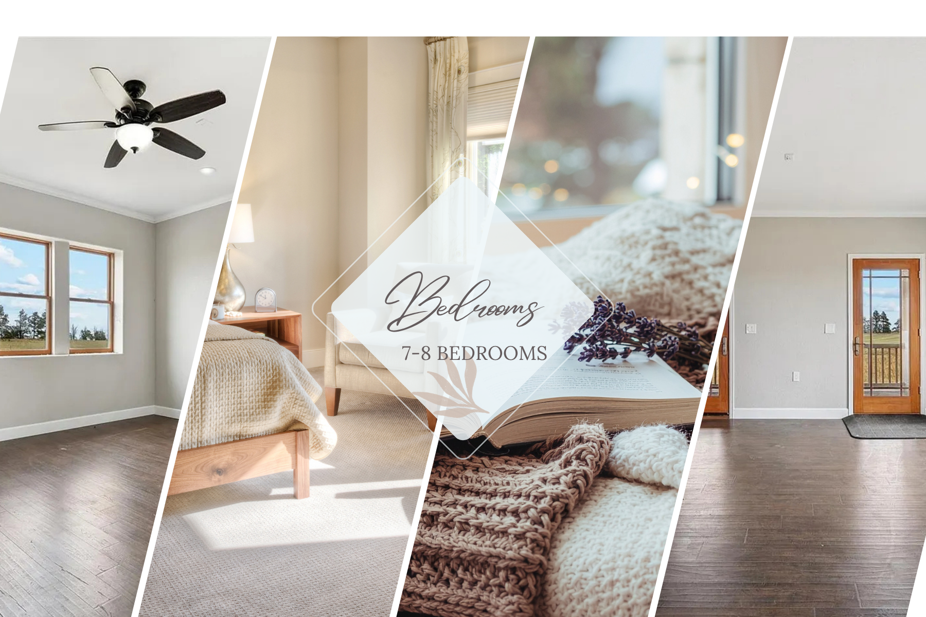 A collage of four images showcasing bedrooms with large windows, beds with cozy blankets, a ceiling fan, and a door leading to a balcony, with a text overlay reading 'Bedrooms 7-8 Bedrooms' and decorative floral elements.