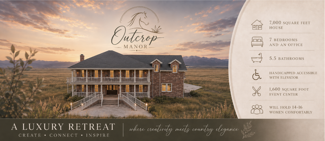 Exterior view of Outcrop Manor, a large two-story brick house with wraparound porch, set in a rural landscape at sunset with mountains in the background. The image promotes a luxury retreat with details about the house and amenities.