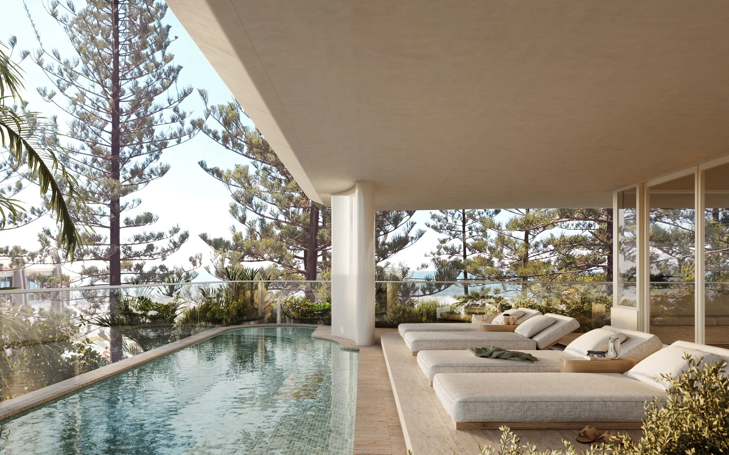 Mineral pool with daybeds