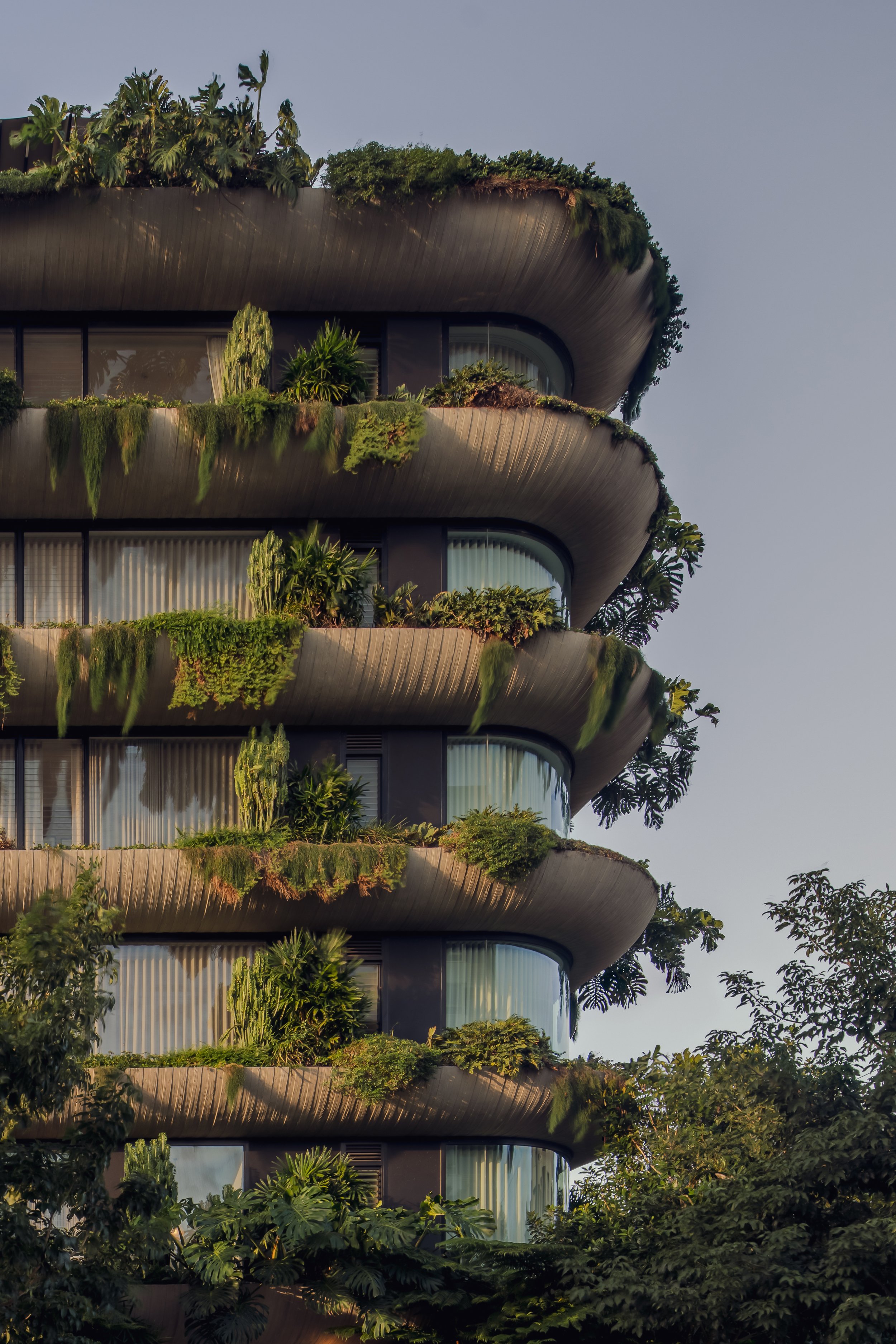 Modern high-rise building, Maison New Farm, with curved balconies covered in greenery and plants.