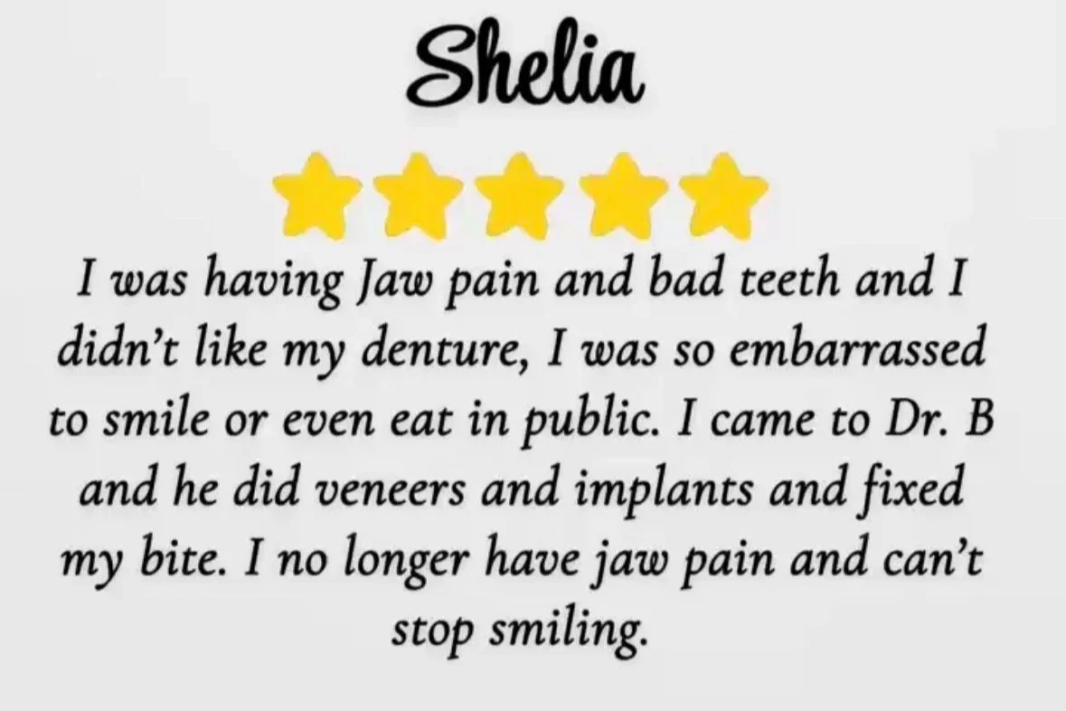 Testimonial for Shelia about her positive experience with dental veneers, with five yellow stars above the text.