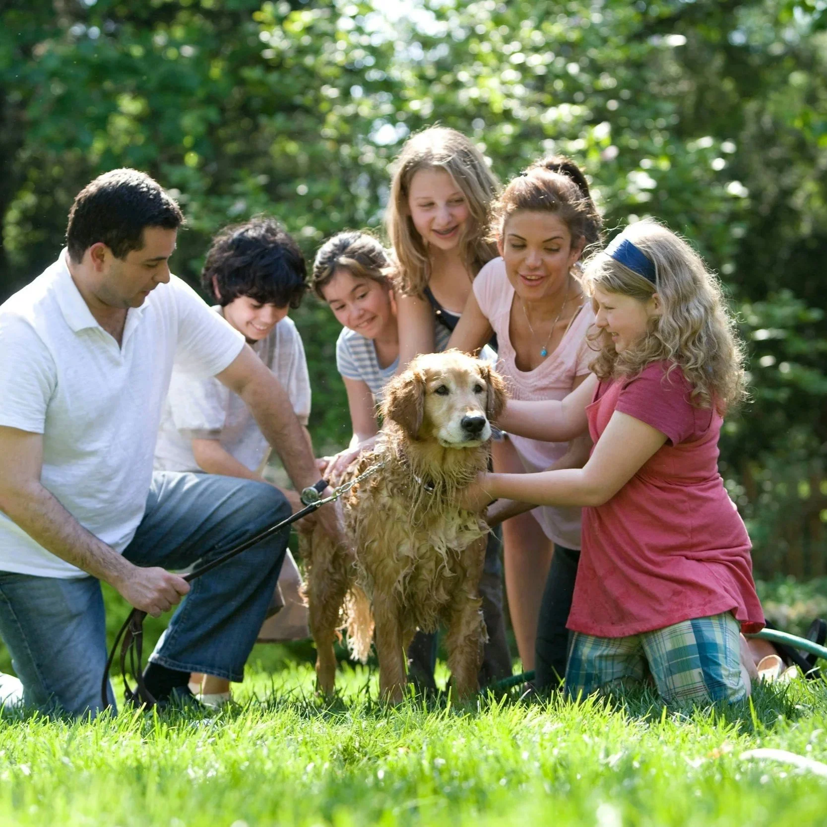 A group of children and adults gathered around a wet, muddy dog outdoors on a grassy area, with trees in the background, smiling and petting the dog.