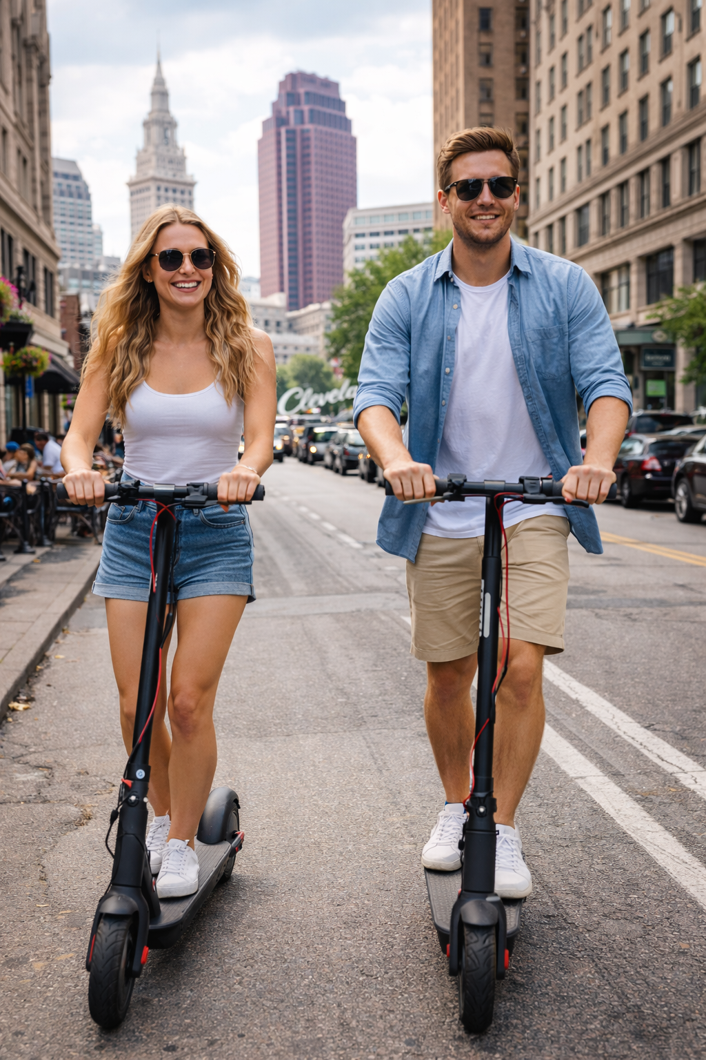 A young man and woman riding electric scooters on a city street of Cleveland Ohio, smiling and wearing sunglasses with tall buildings in the background.