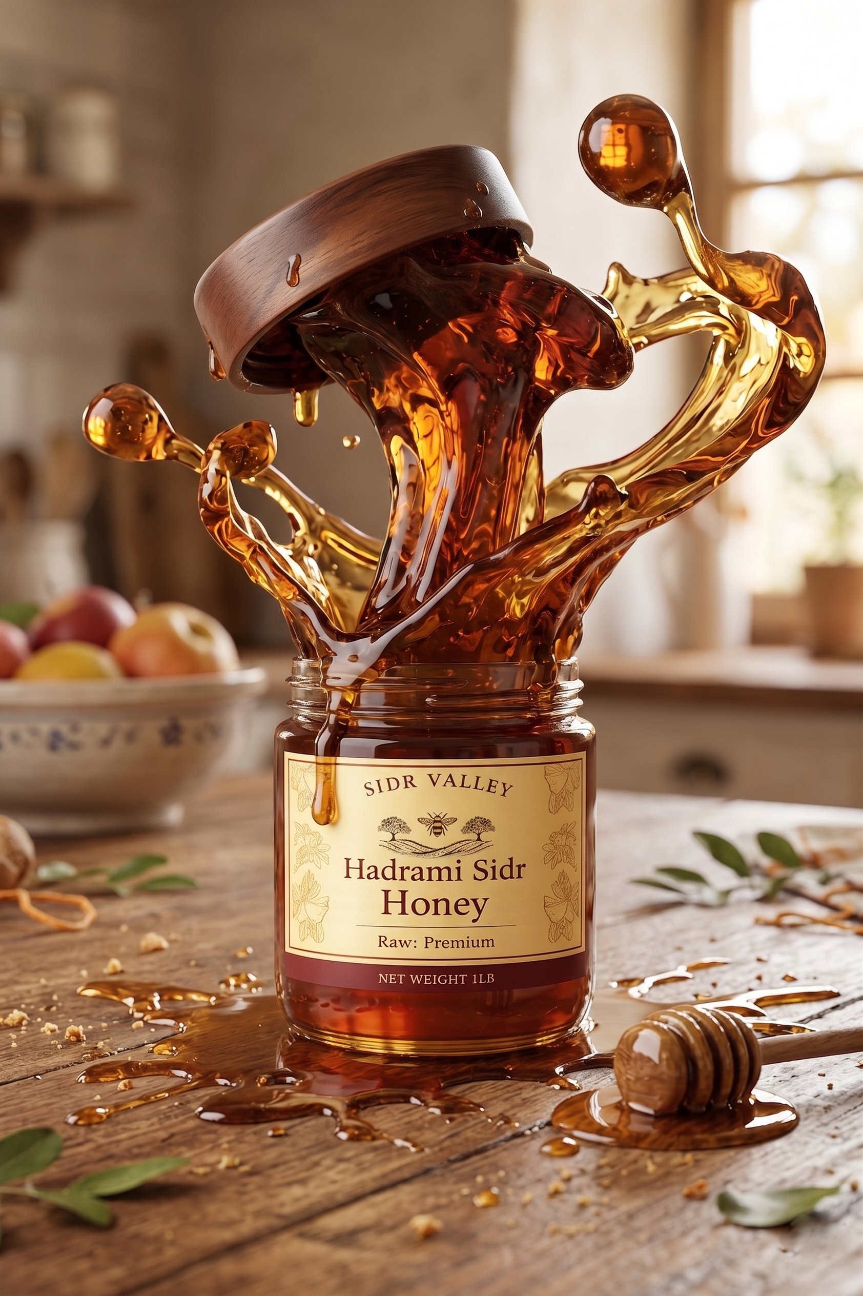 A jar of Hadrami Sidr Honey with honey spilling out and splashing around on a wooden surface. Background shows a blurred kitchen setting with apples and other objects.