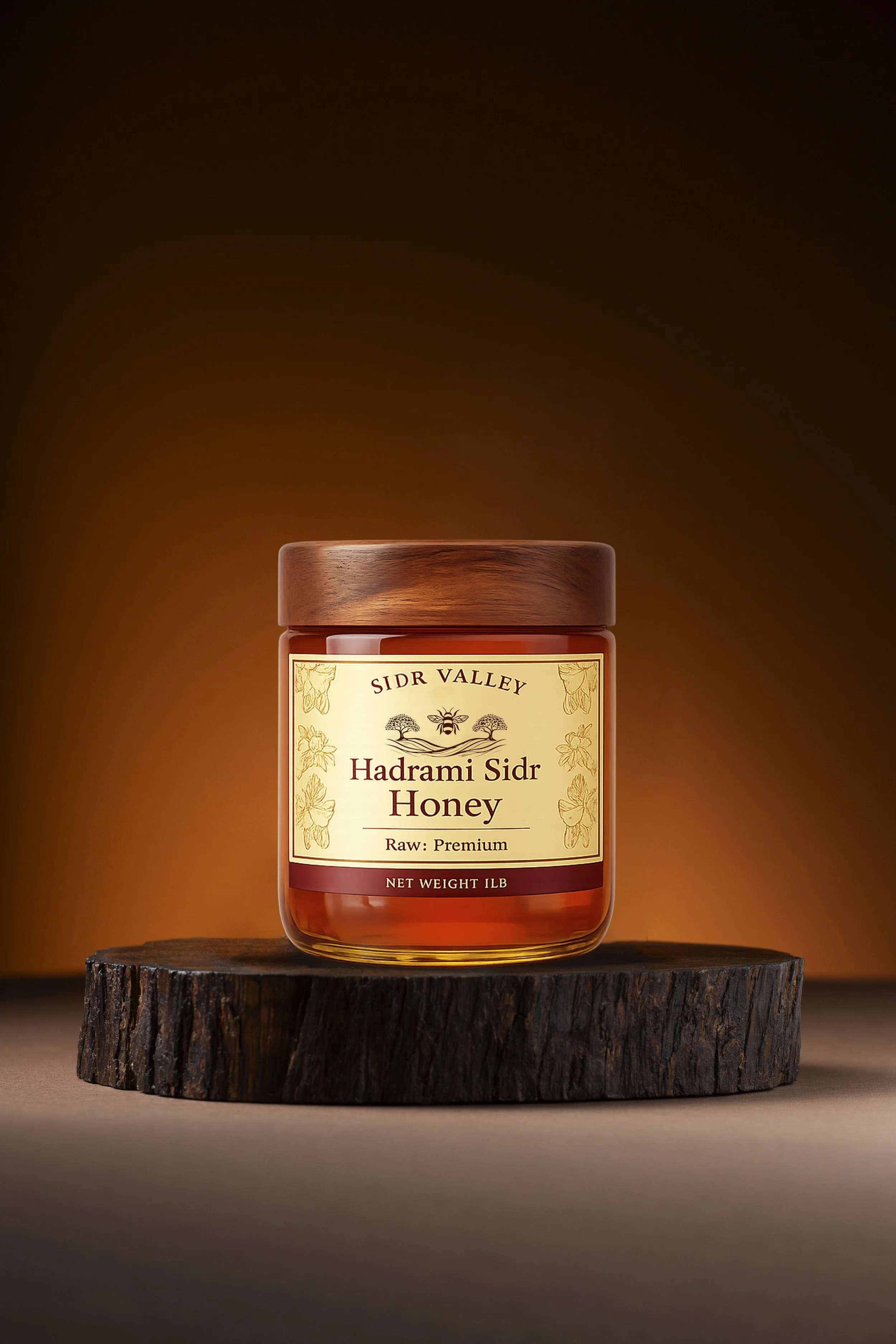 A jar of Hadrami Sidr Honey with a wooden lid, placed on a wooden surface with a dark background.