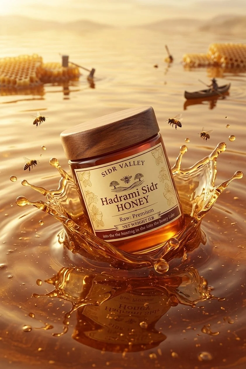 A jar of Hadrami Sidr honey with bees flying around, splashing into the honey lake, with a sunset background, wooden floating objects, and small boats.