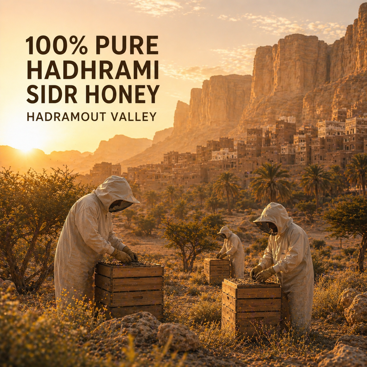 People harvesting honey in a desert landscape with mountains and a village in Hadramout Valley at sunset.