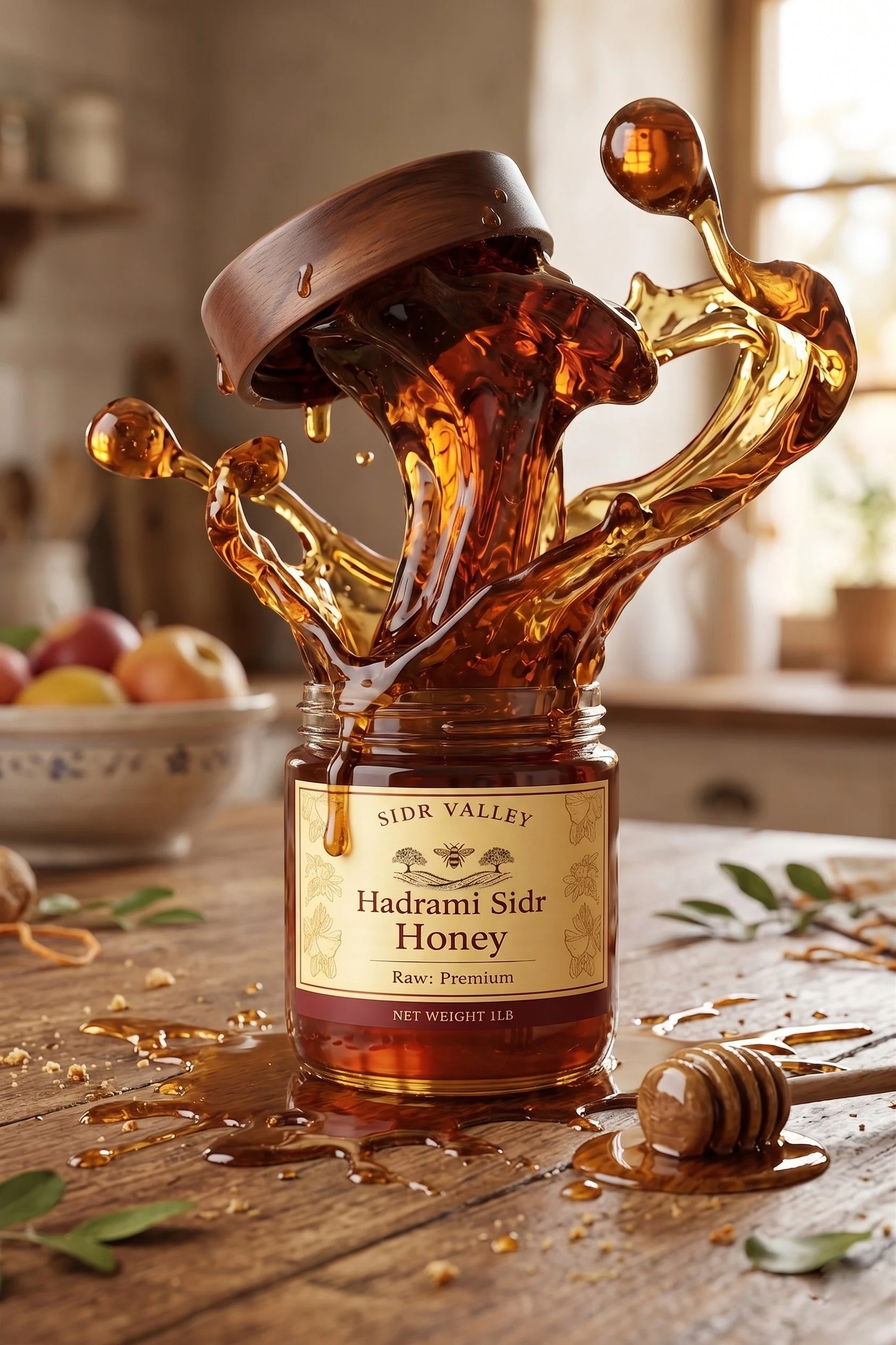 A jar of Sidr Valley Hadrami Sidr Honey with honey spilling out of the jar and overflowing onto a wooden surface. A honey dipper lies on the table with honey dripped on it. The background shows a soft, warm-lit indoor setting with blurred object details.