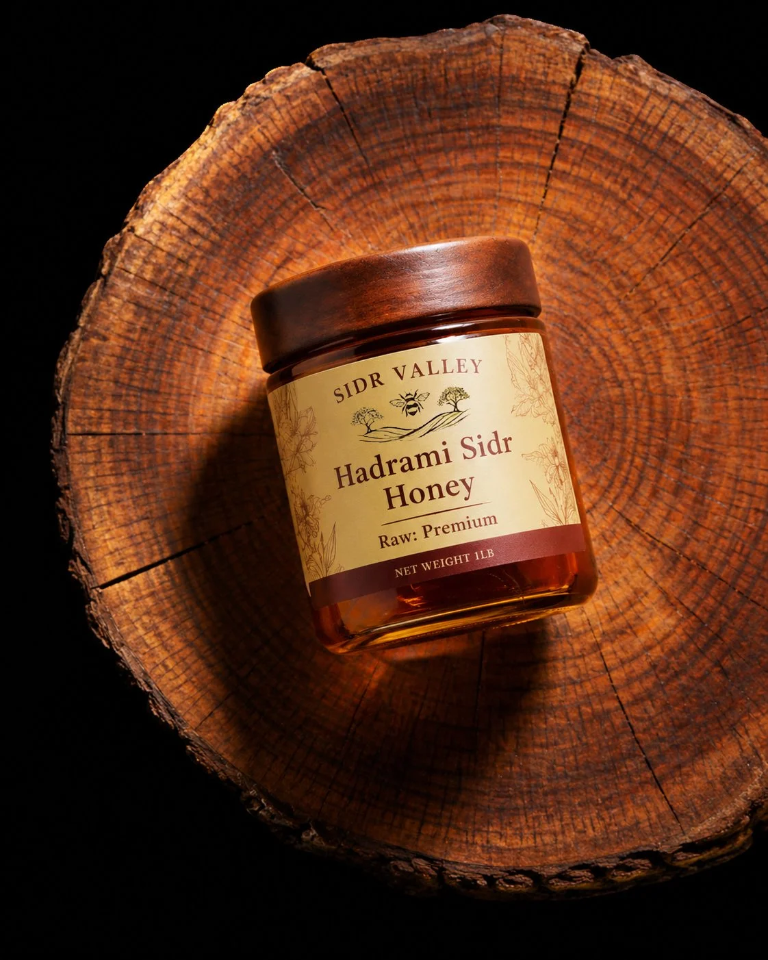 A jar of Sidr Valley Hadrami Sidr Honey with a wooden lid, placed on a cross-section of a tree trunk with visible growth rings against a dark background.