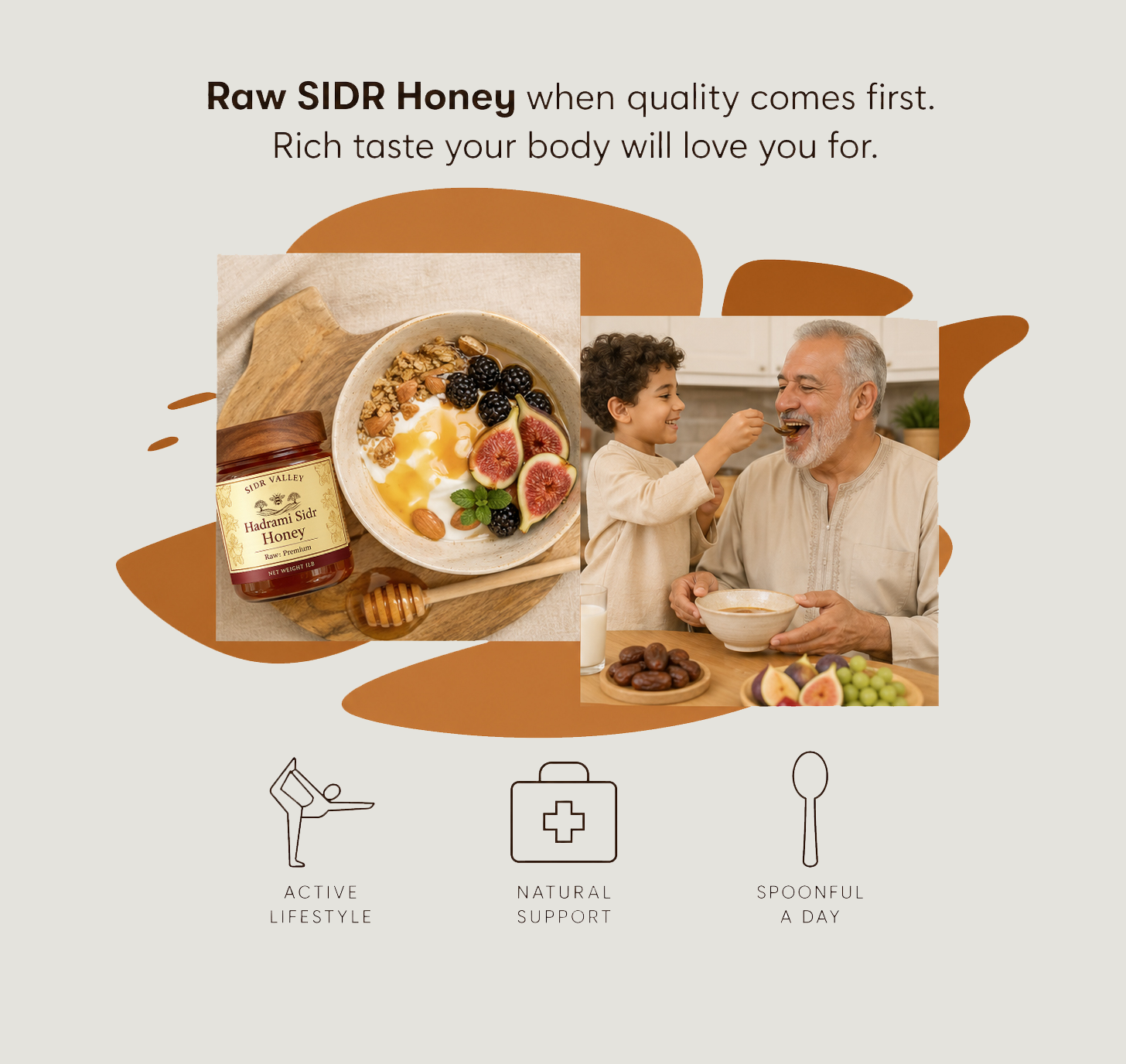 A jar of Sidr valley honey, a bowl of yogurt with blackberries, figs, almonds, and honey, and a honey dipper on a wooden board. Additionally, an image shows a young boy feeding an older man honey from a spoon, with fruits and a glass of milk on the table, in a kitchen setting.