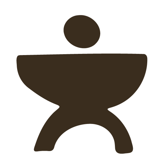 A stylized geometric shape in dark brown that looks like the letter a person with their arms out wide.