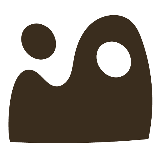 A stylized representation of a brown mountain landscape with a small round sun or moon in the sky.