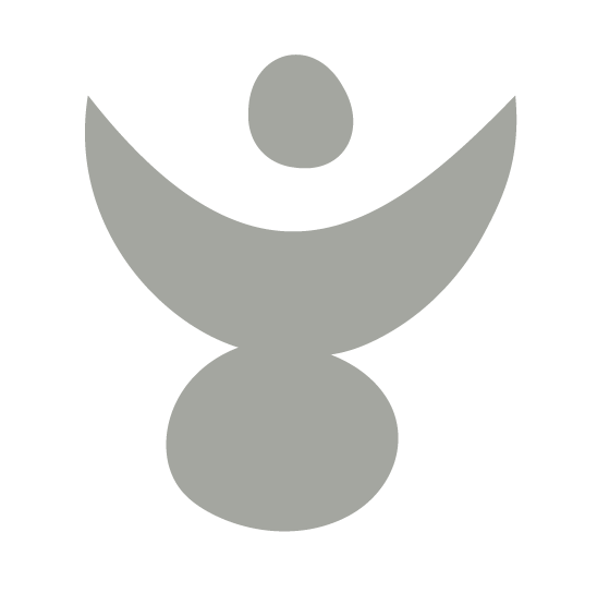 A stylized abstract figure with a circular head, a semi-circular body, and a smaller circle at the bottom, resembling a person with raised arms.